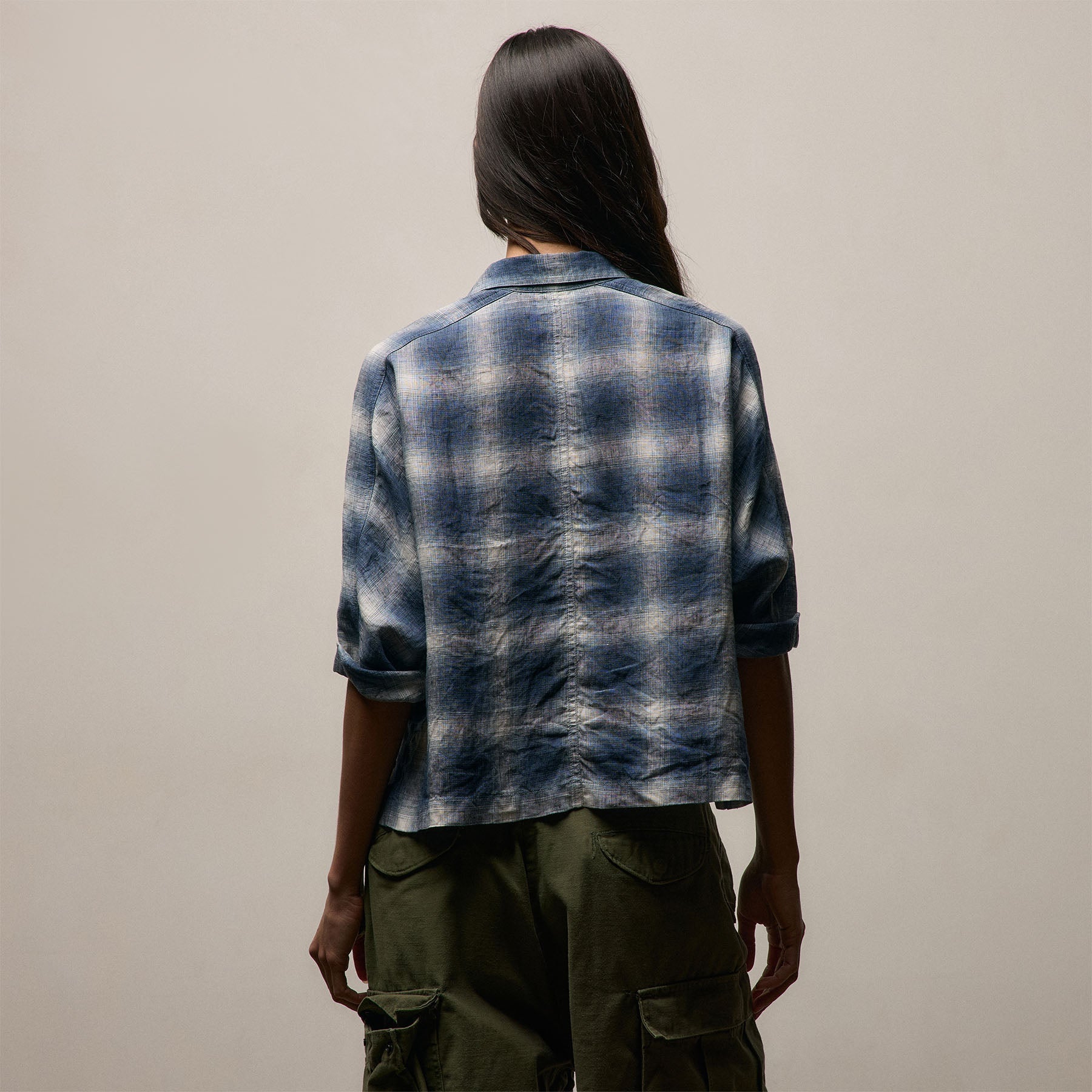 Plaid Linen Crop Shirt - Blue Plaid