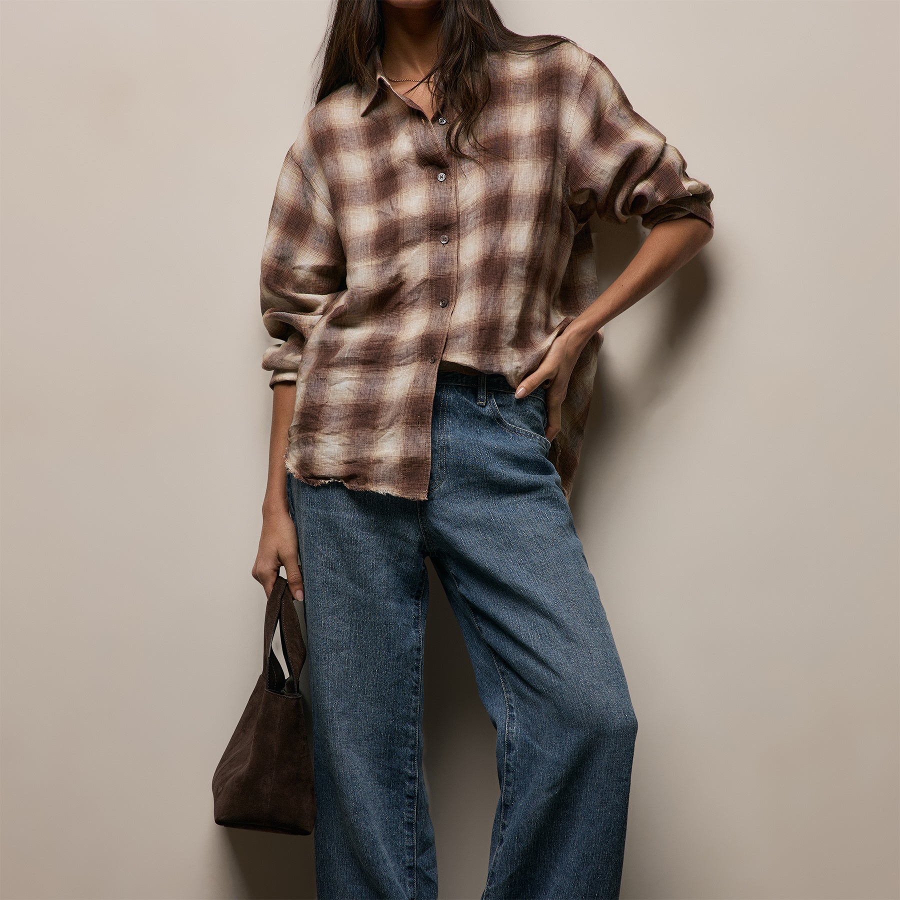 Plaid Linen Oversized Shirt - Chestnut Plaid
