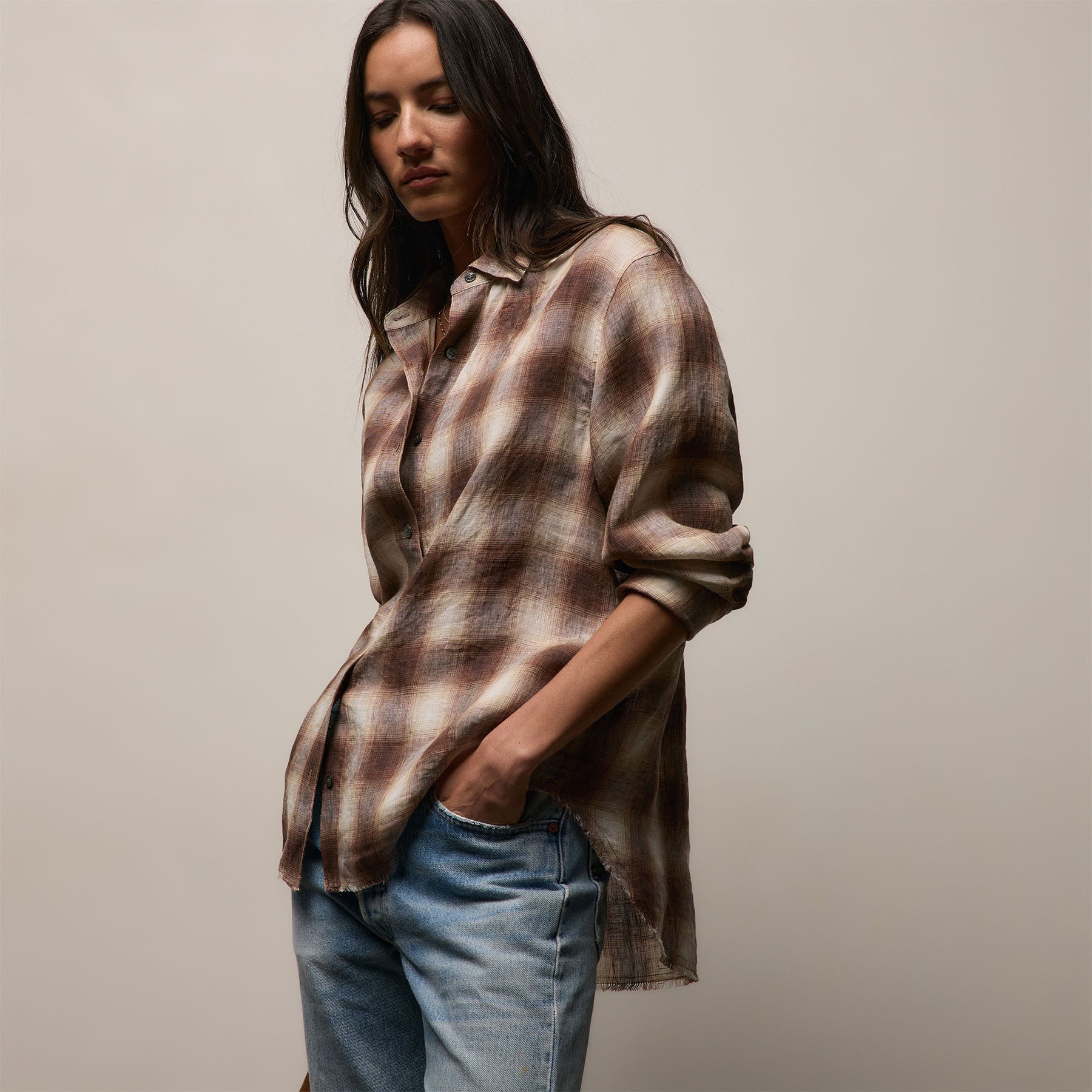 Plaid Linen Oversized Shirt - Chestnut Plaid