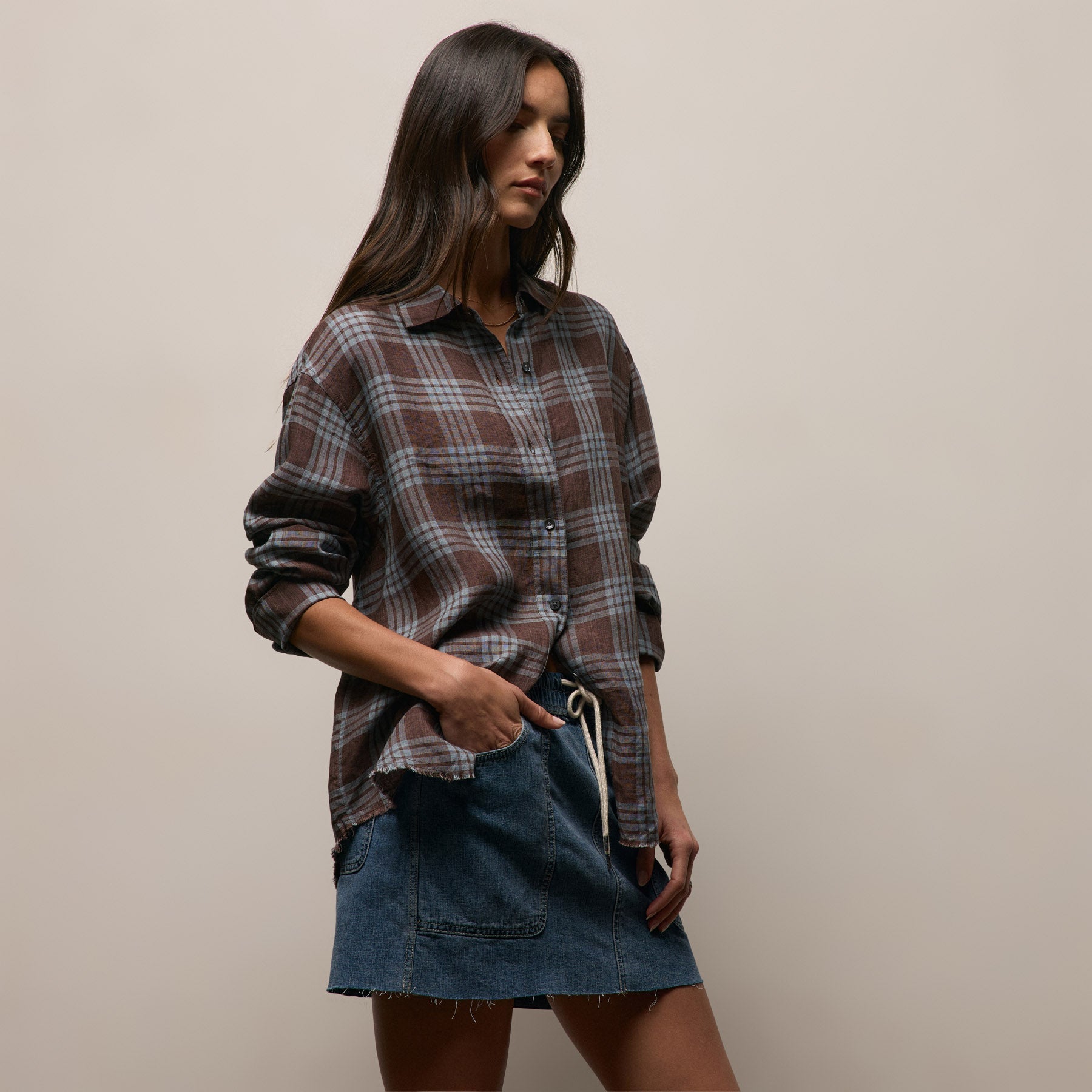 Plaid Linen Oversized Shirt - Plum Plaid