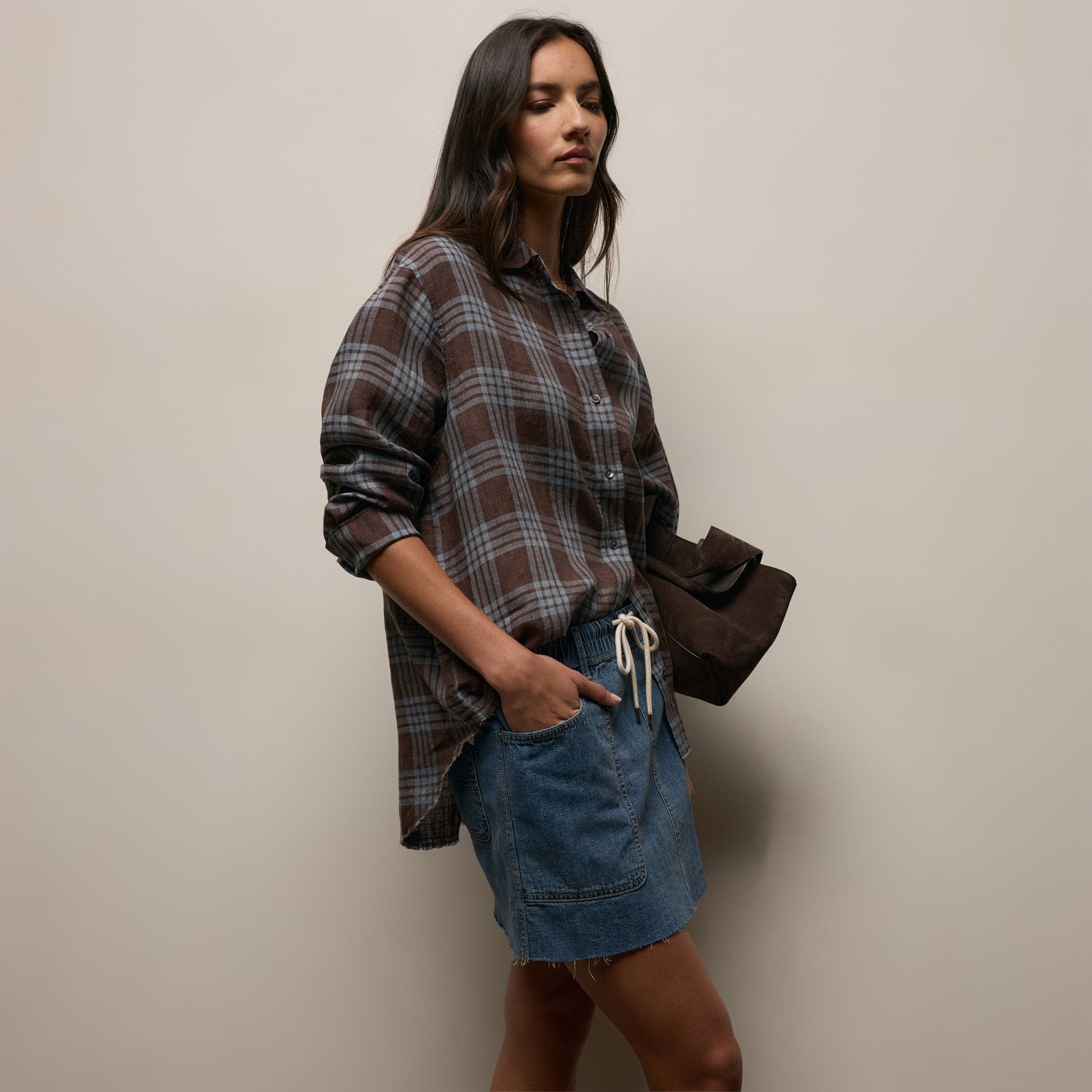 Plaid Linen Oversized Shirt - Plum Plaid