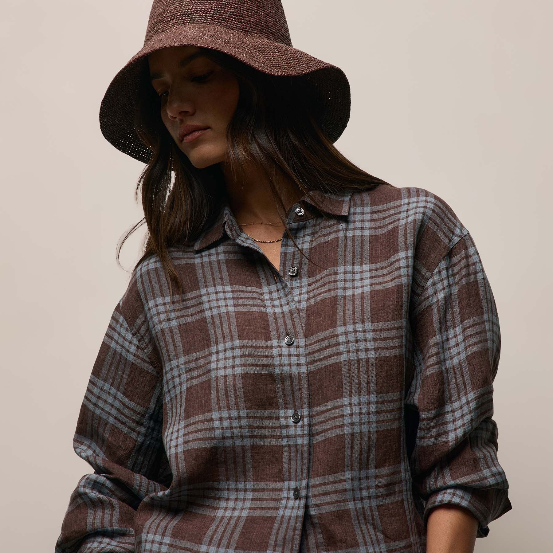 Plaid Linen Oversized Shirt - Plum Plaid