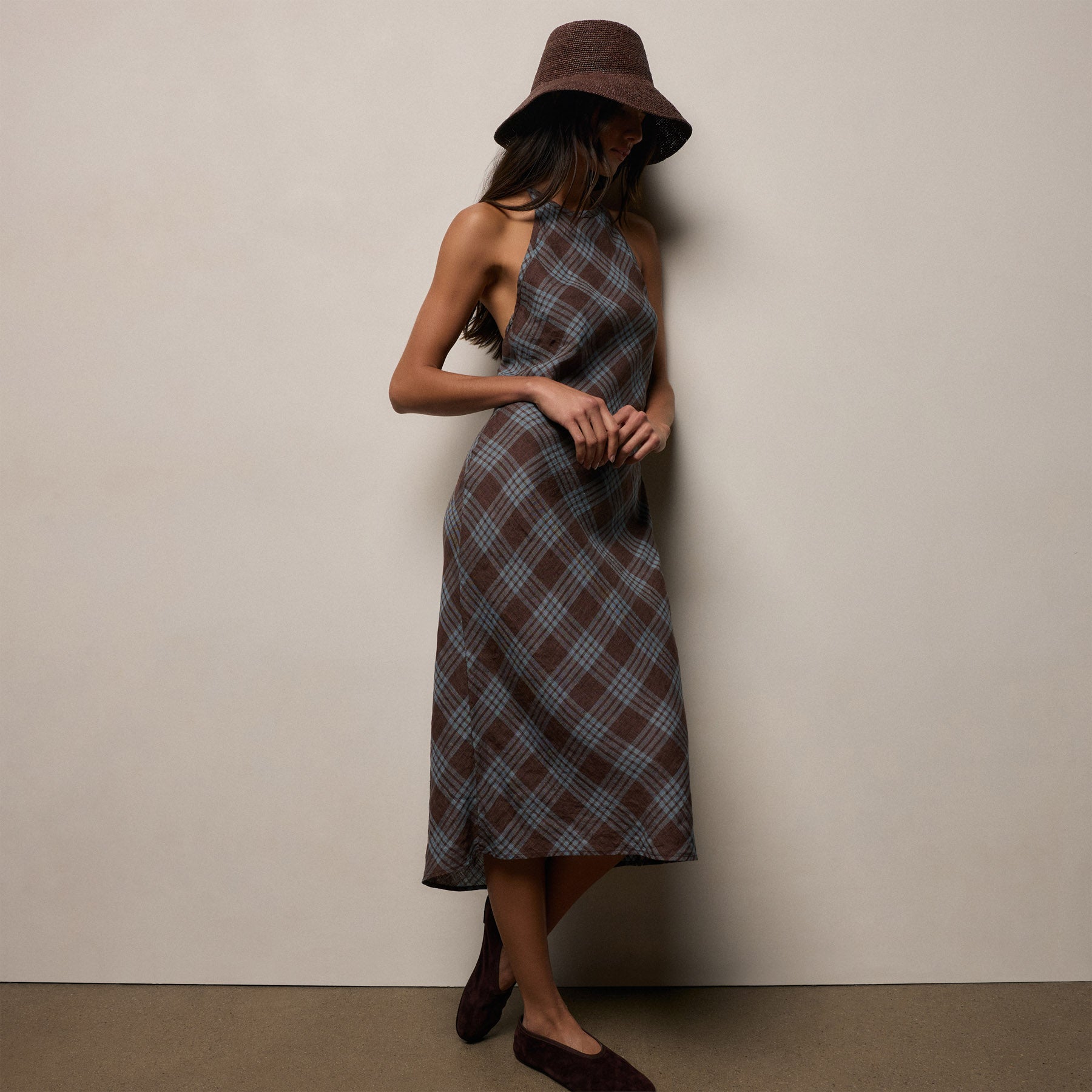Plaid Linen Halter Dress - Plum Plaid