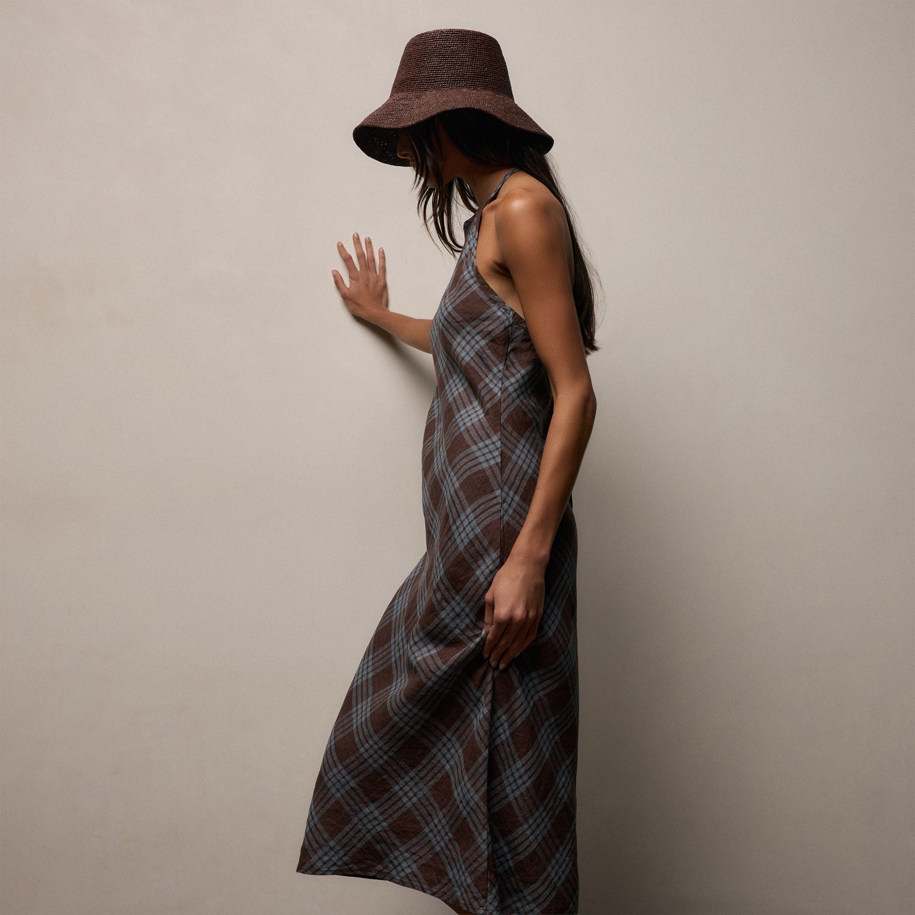 Plaid Linen Halter Dress - Plum Plaid