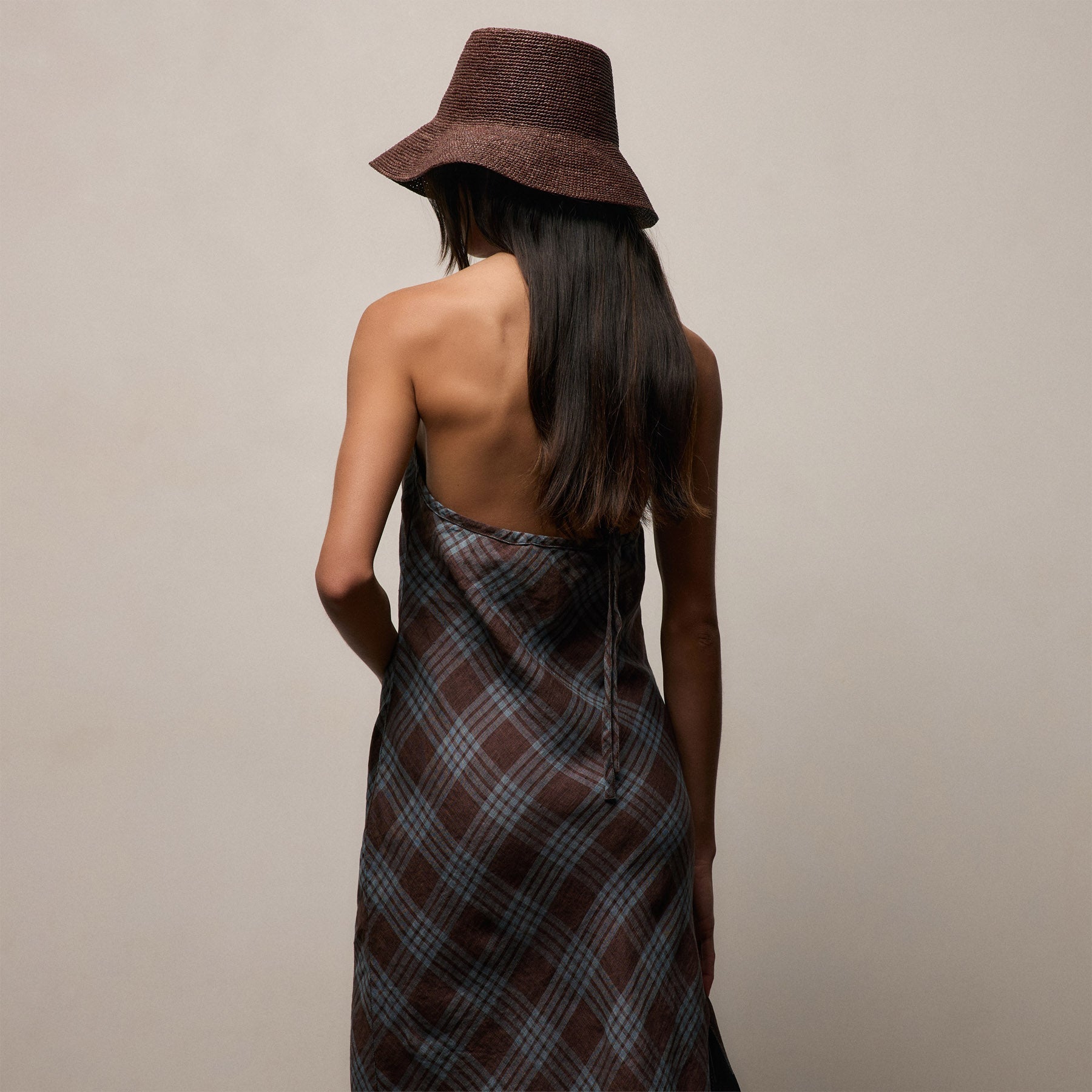 Plaid Linen Halter Dress - Plum Plaid