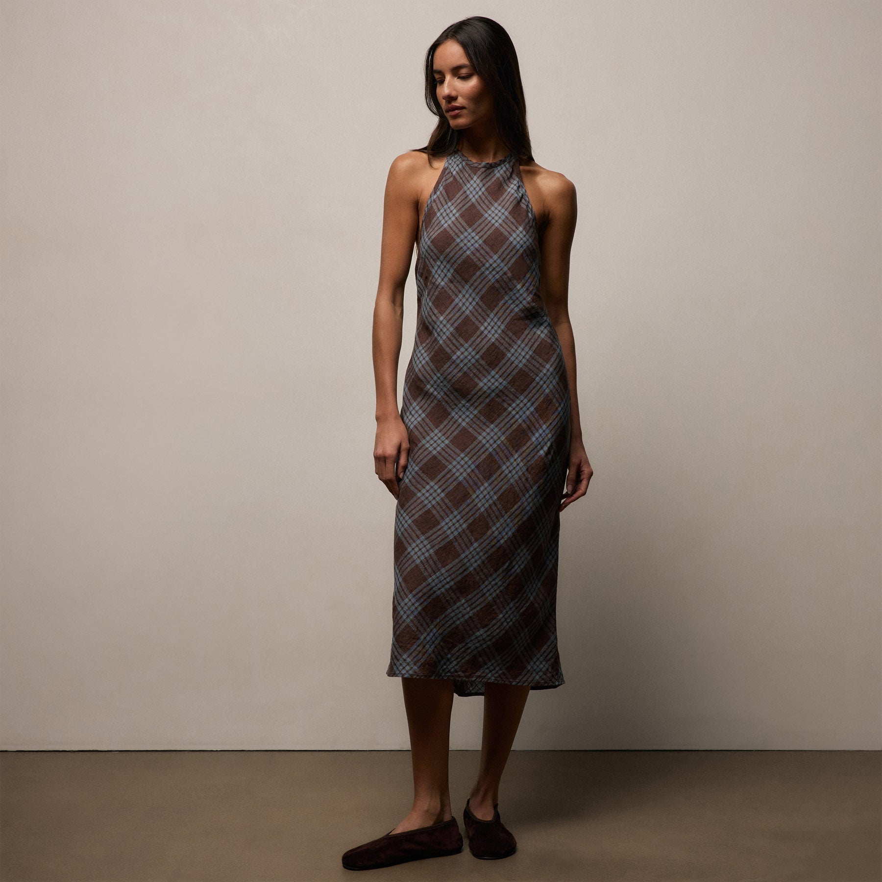 Plaid Linen Halter Dress - Plum Plaid