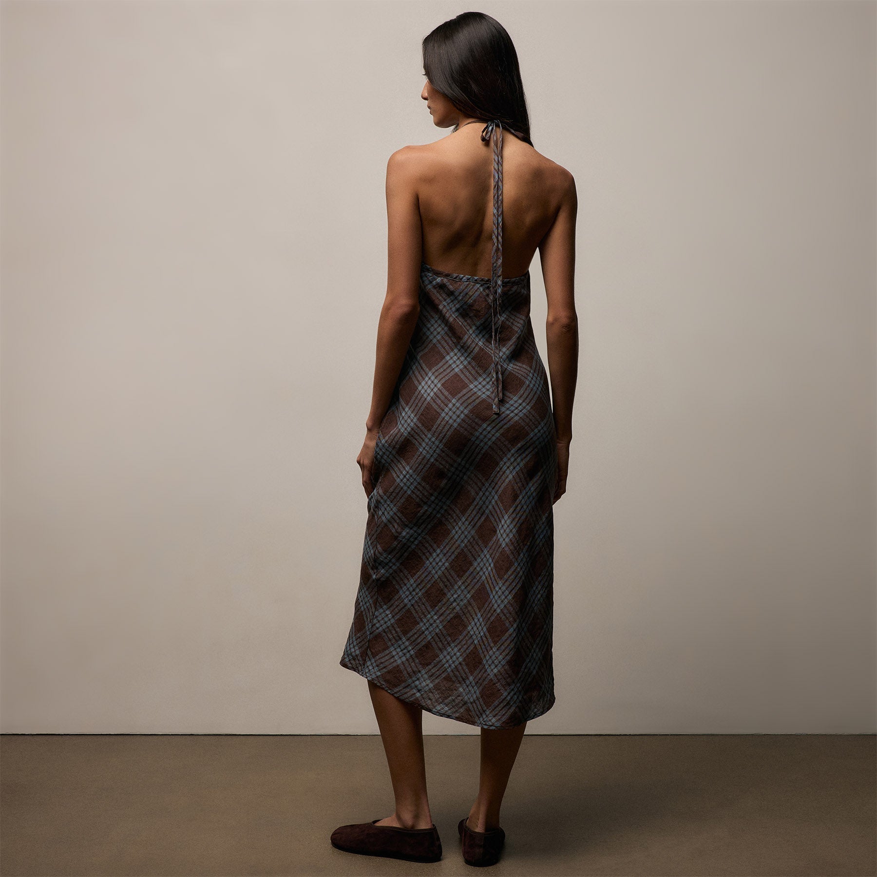 Plaid Linen Halter Dress - Plum Plaid