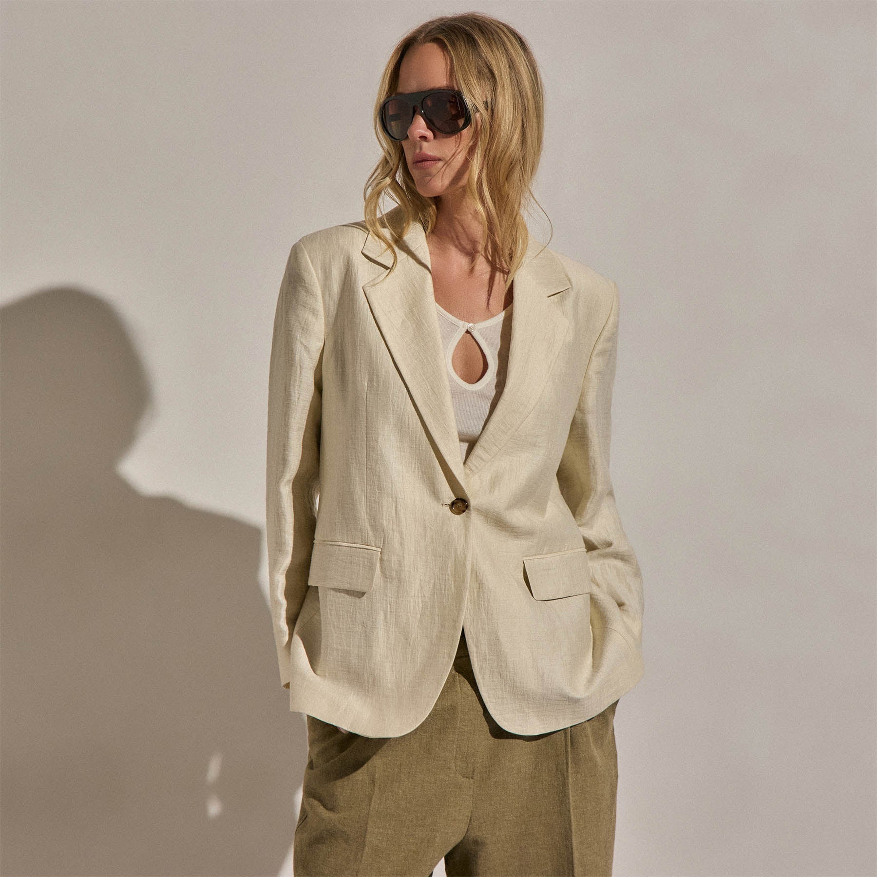 Crinkle Linen Relaxed Blazer - Ecru