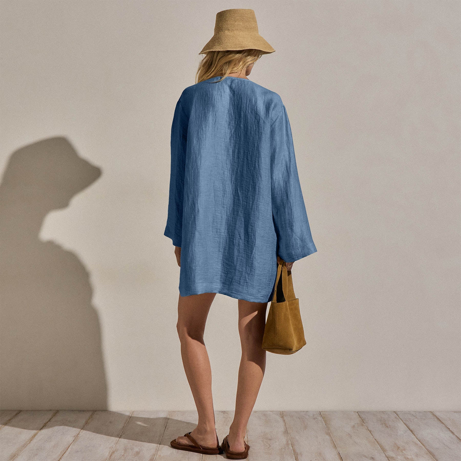 Textured Linen Tie Front Tunic Dress - Blue Hyacinth