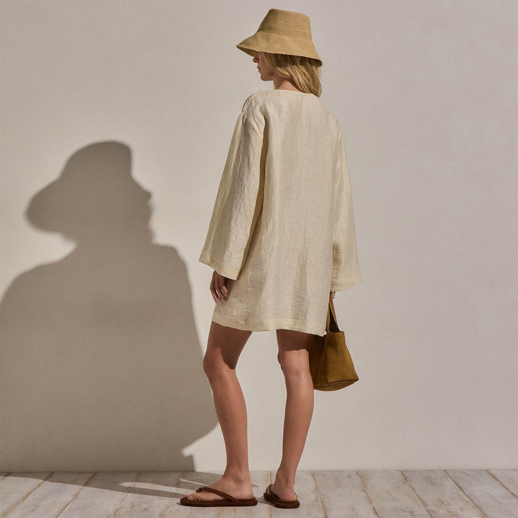Textured Linen Tie Front Tunic Dress - Ecru