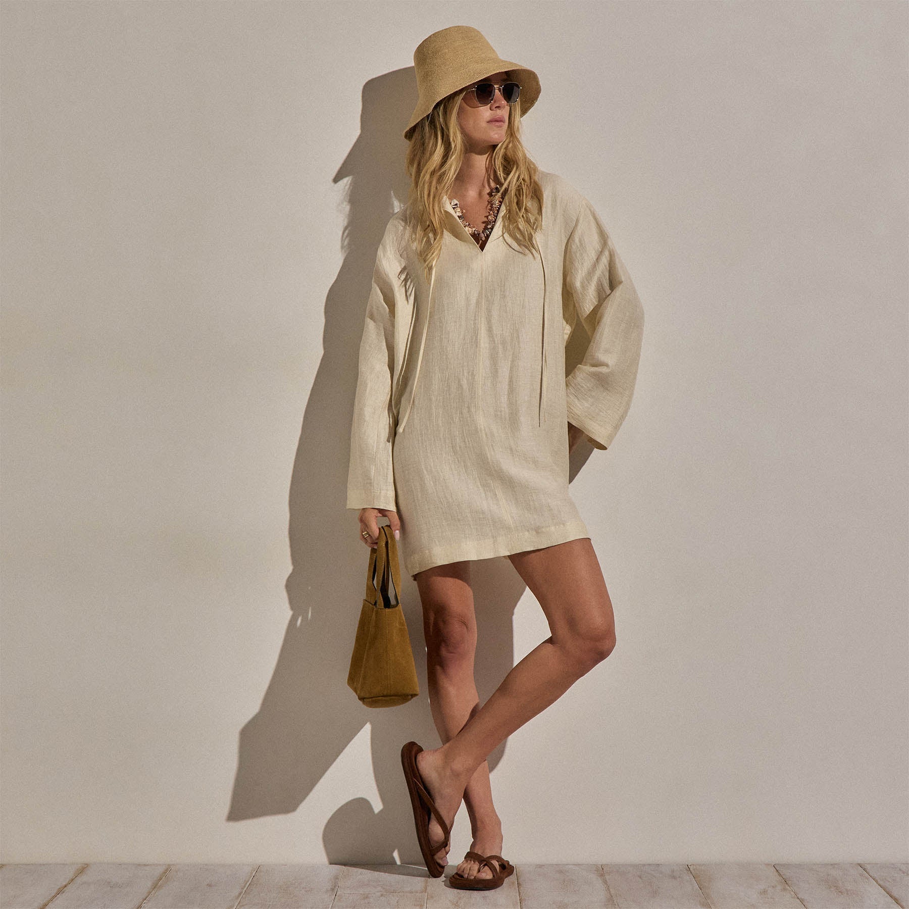 Textured Linen Tie Front Tunic Dress - Ecru