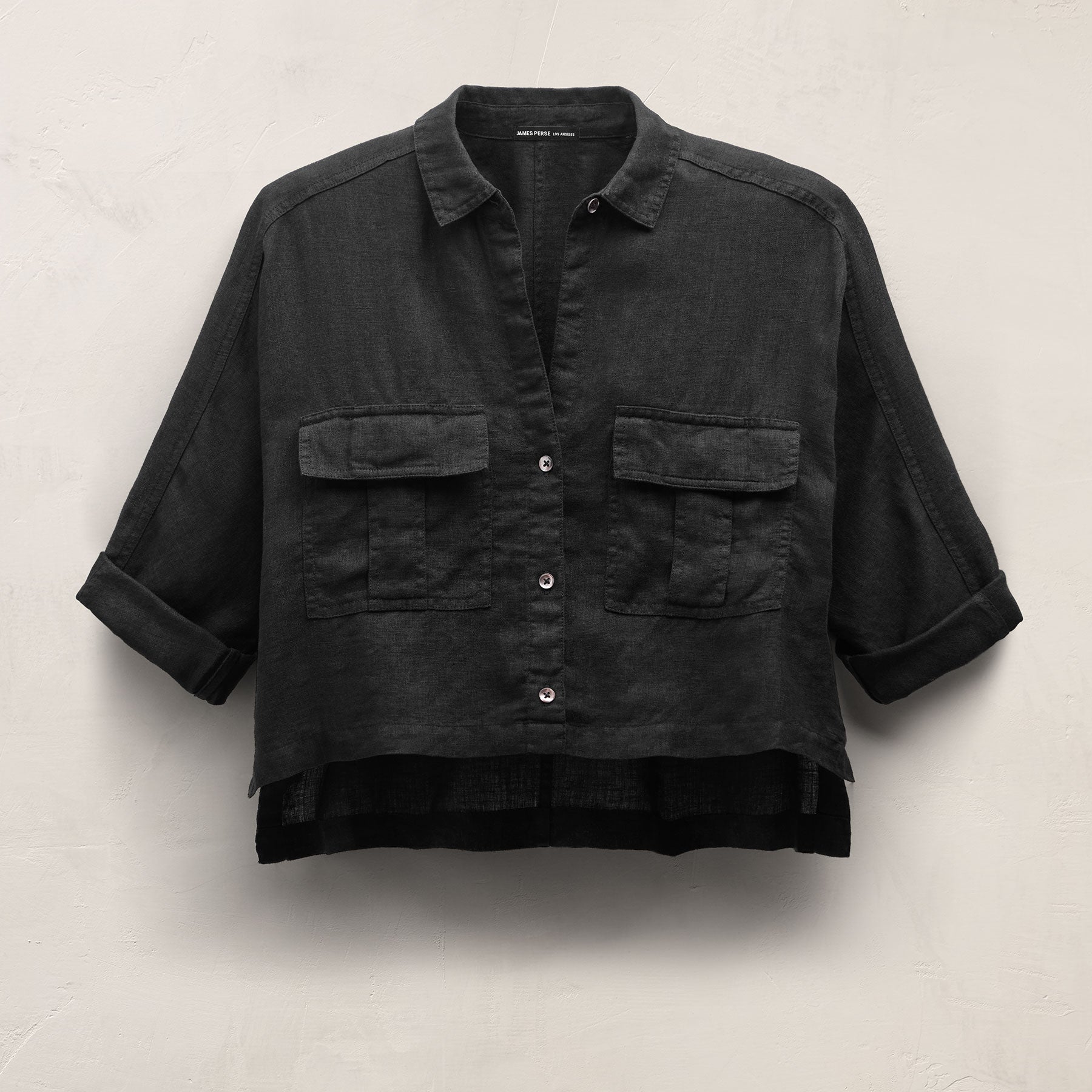 Linen Cropped Pocket Shirt - Black