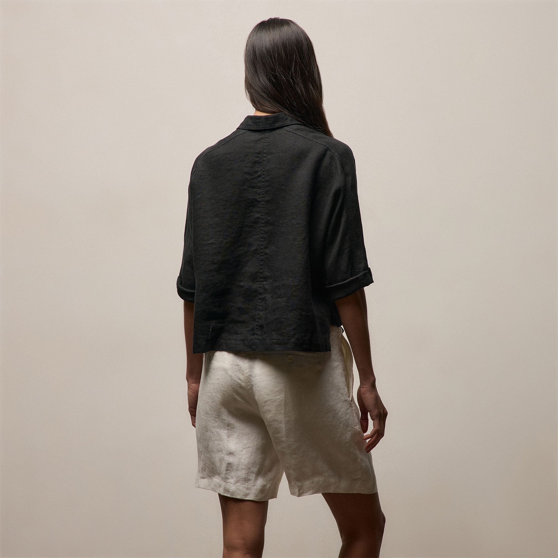 Linen Cropped Pocket Shirt - Black
