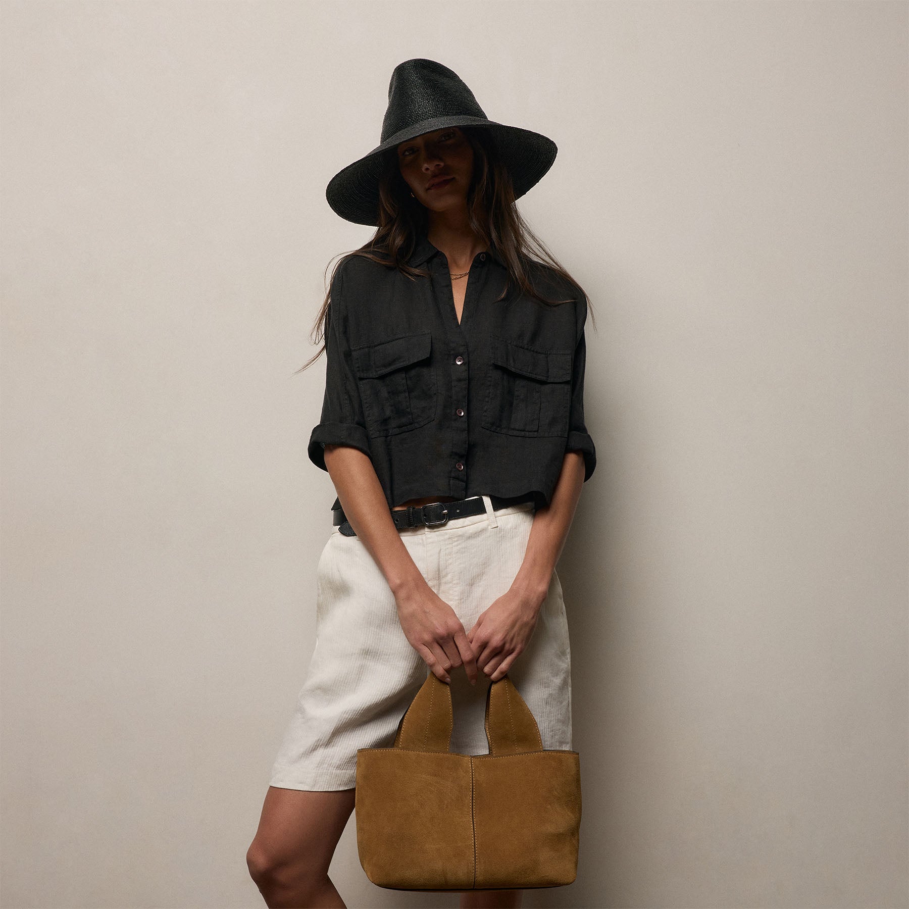 Linen Cropped Pocket Shirt - Black