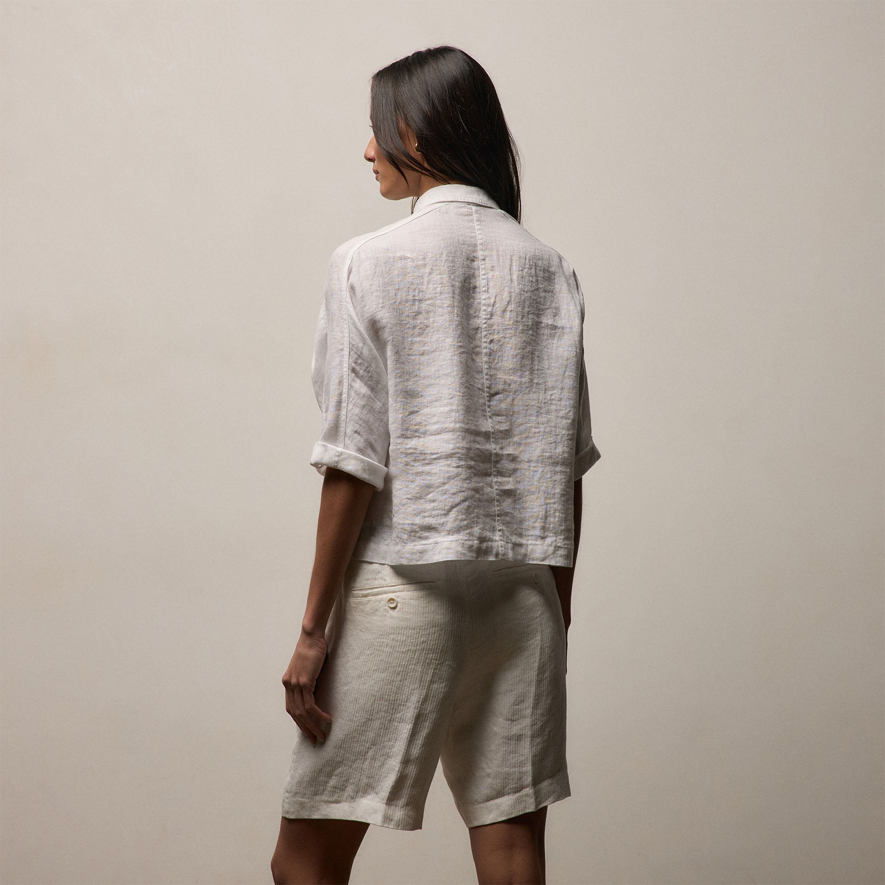 Linen Cropped Pocket Shirt - White