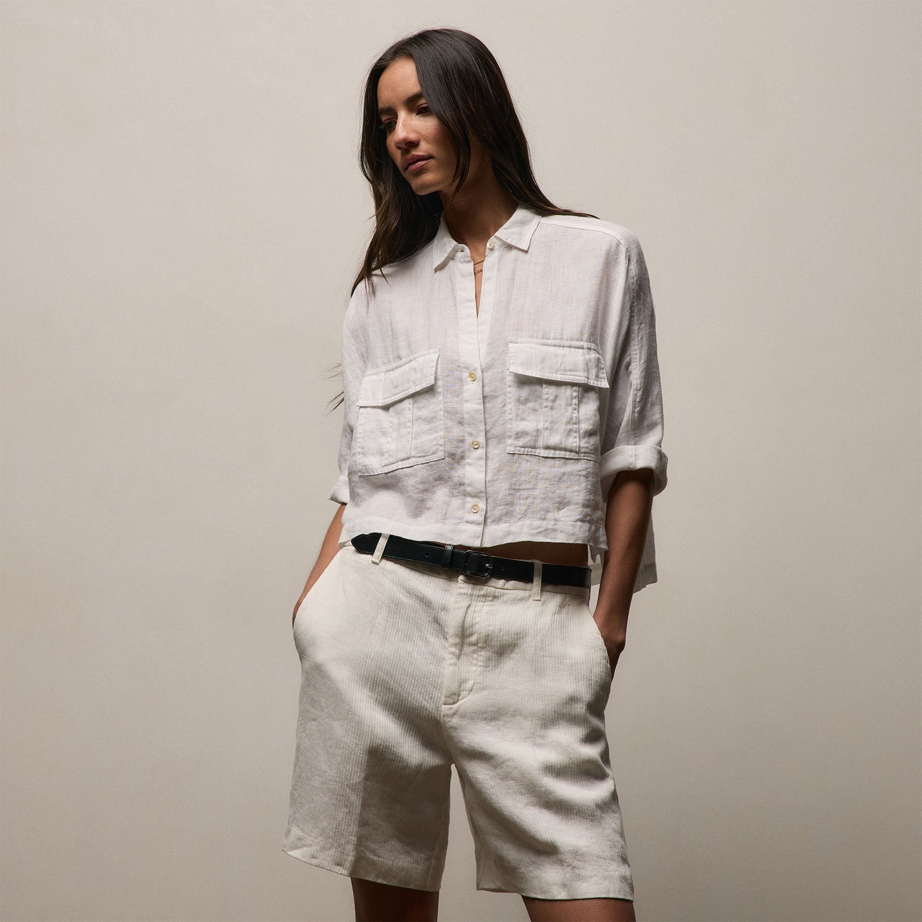 Linen Cropped Pocket Shirt - White