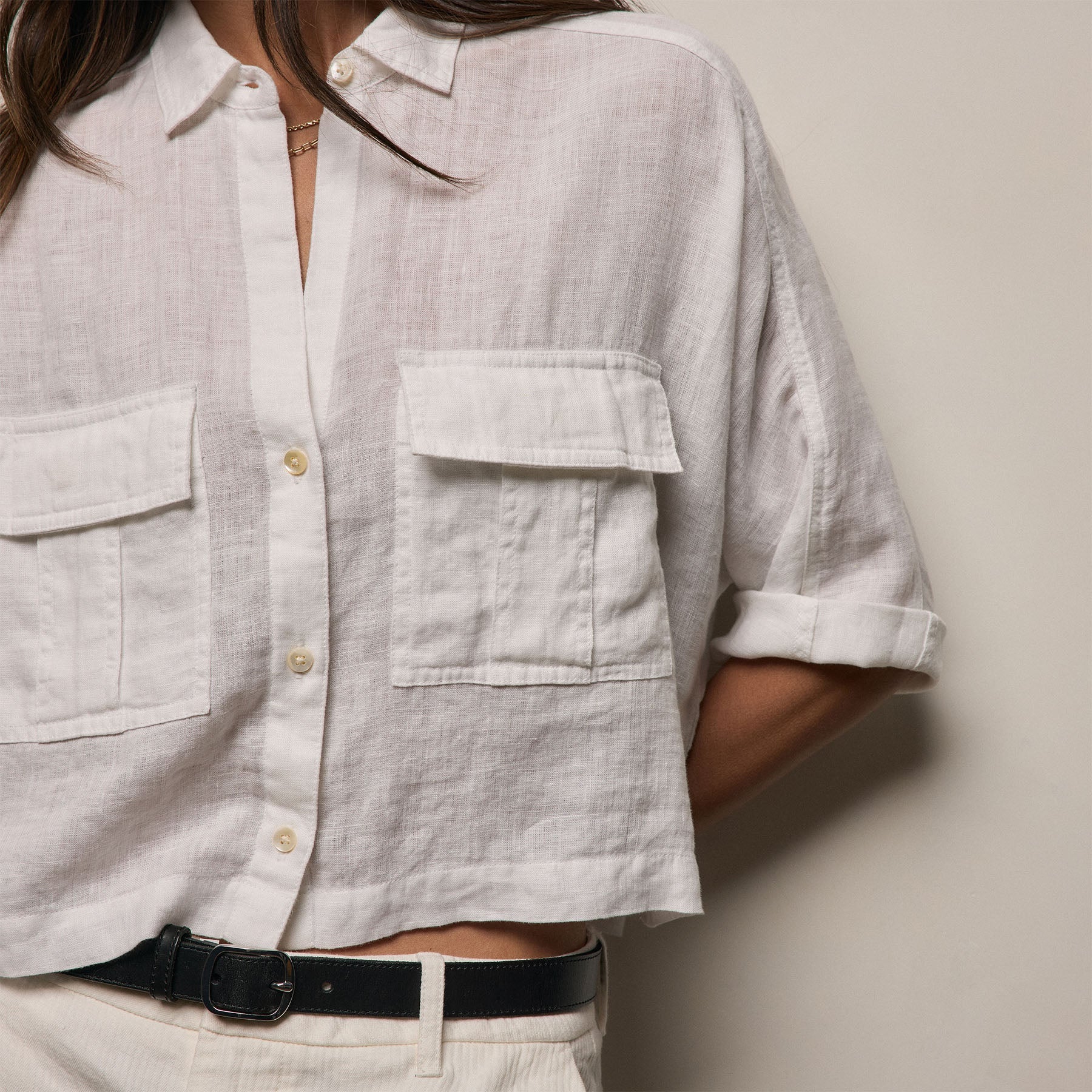 Linen Cropped Pocket Shirt - White