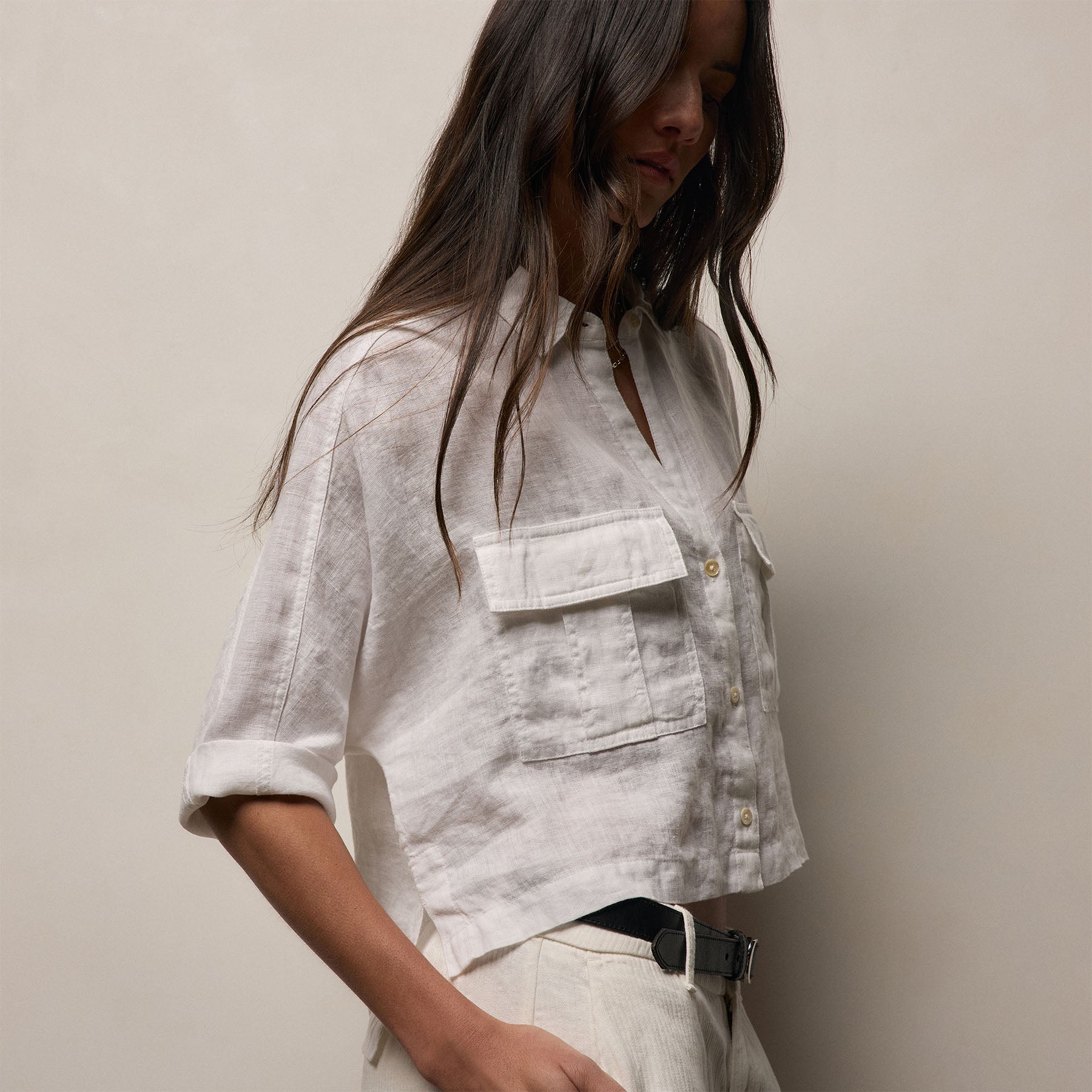 Linen Cropped Pocket Shirt - White