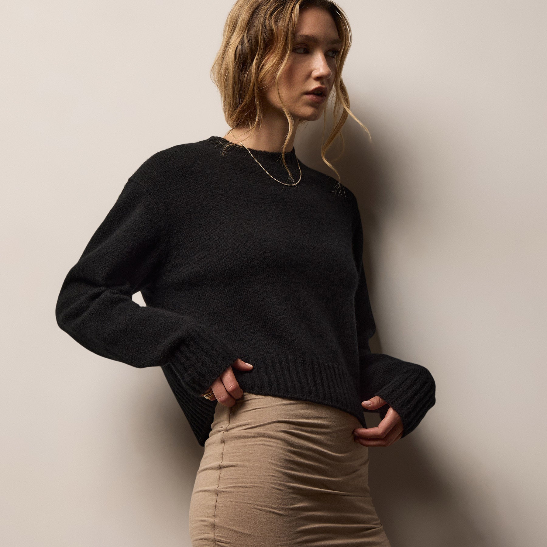 Lightweight Textured Cashmere Crew - True Black