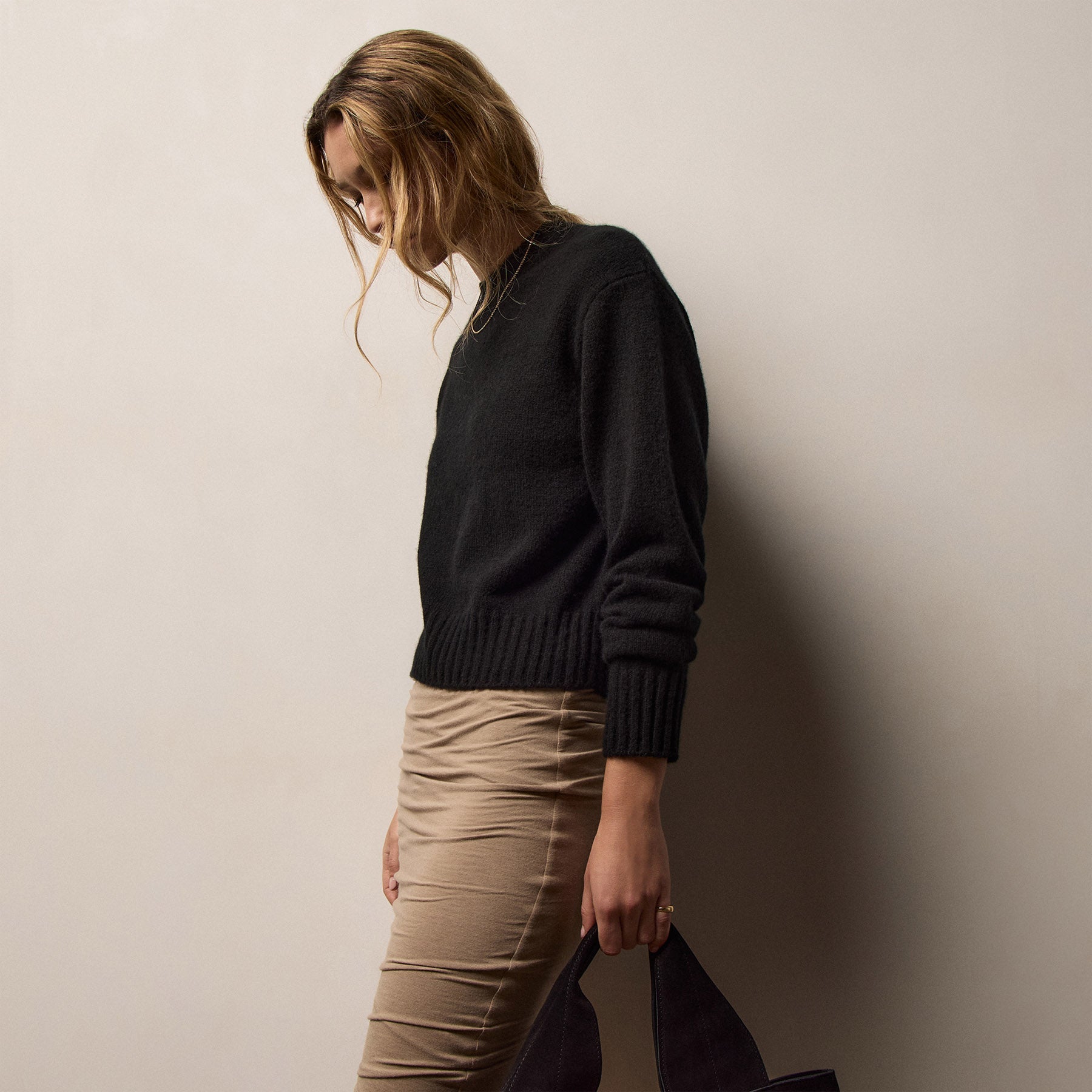 Lightweight Textured Cashmere Crew - True Black