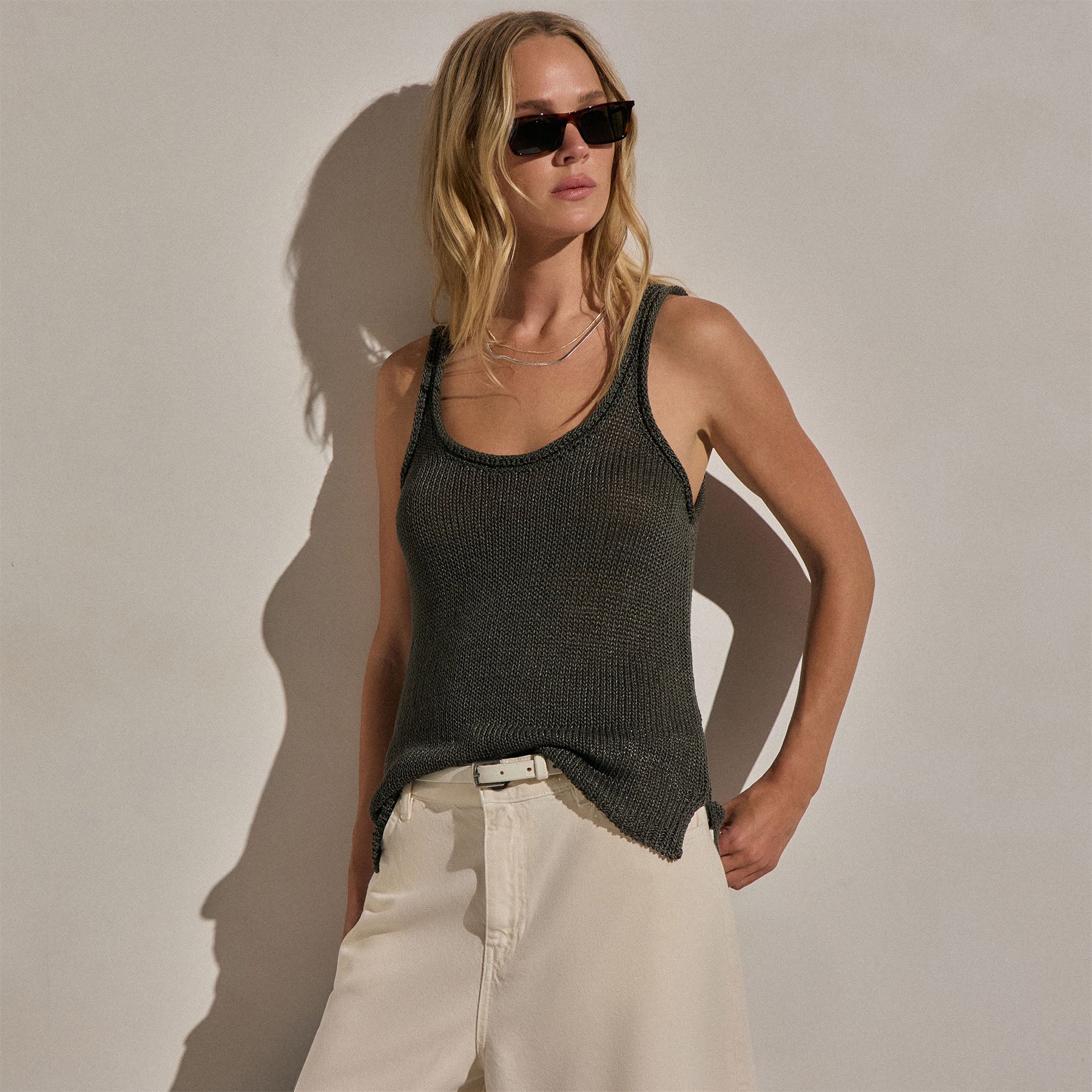 Linen Blend Sweater Tank - Dark Moss