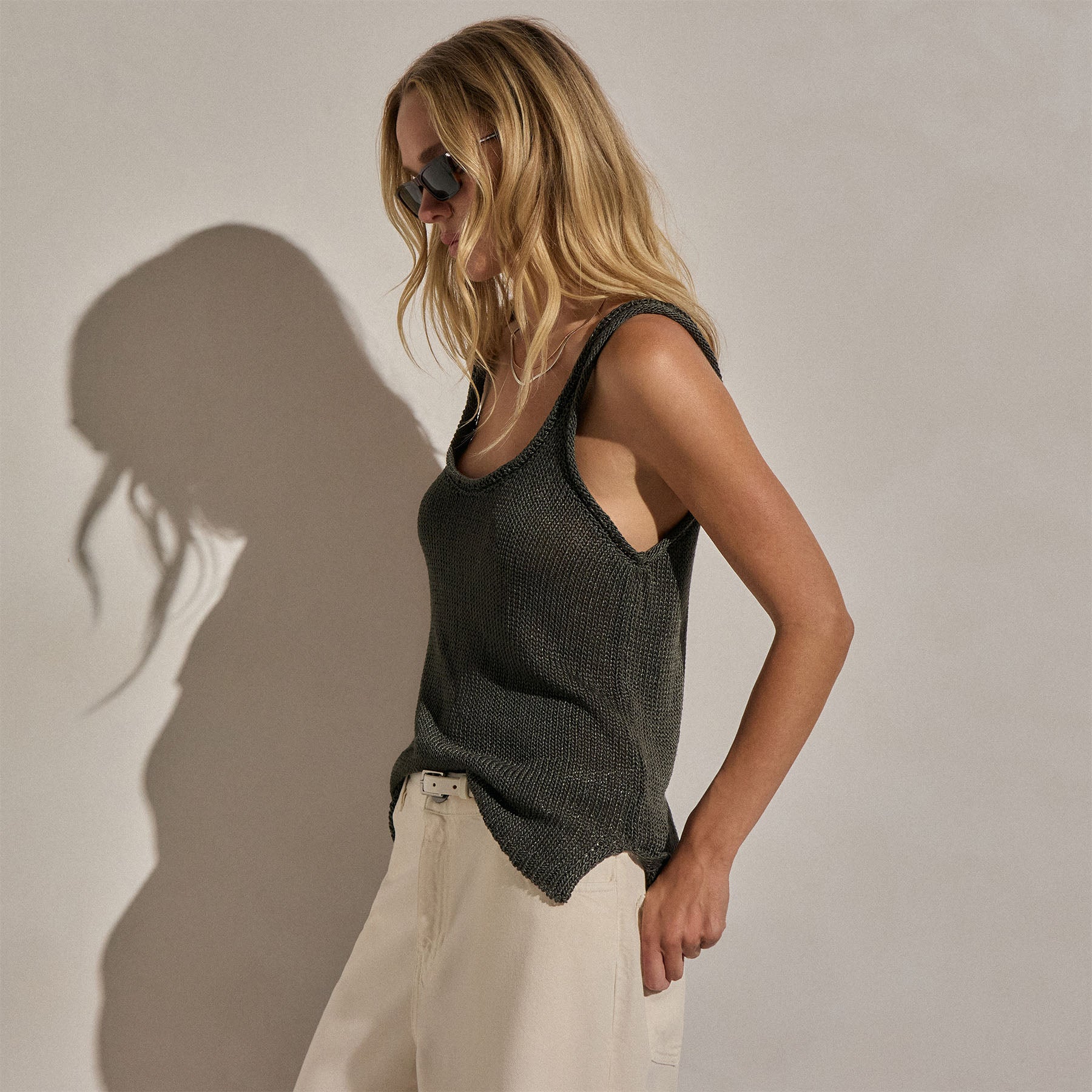 Linen Blend Sweater Tank - Dark Moss