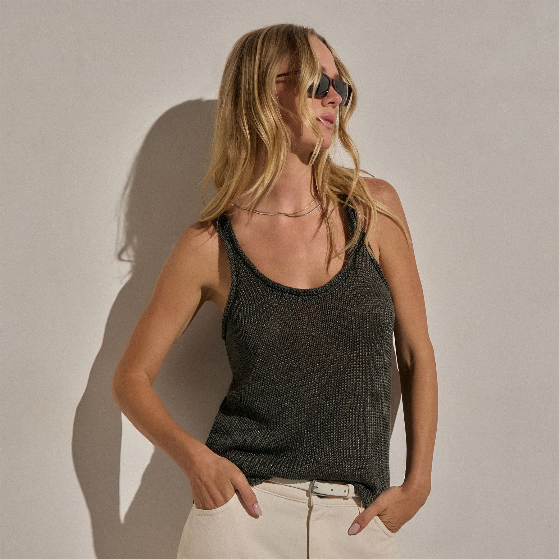 Linen Blend Sweater Tank - Dark Moss