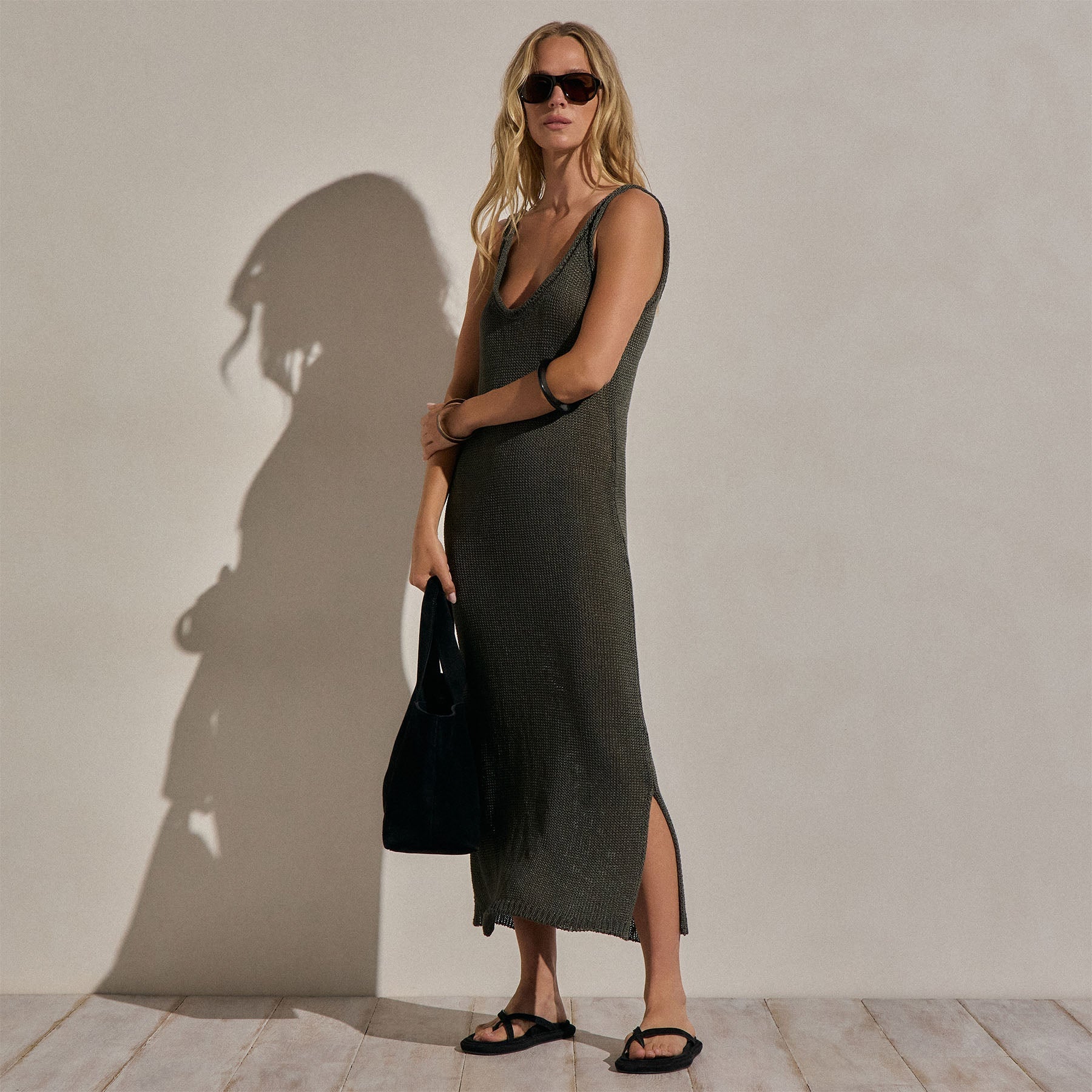 Linen Blend Sweater Tank Dress - Dark Moss