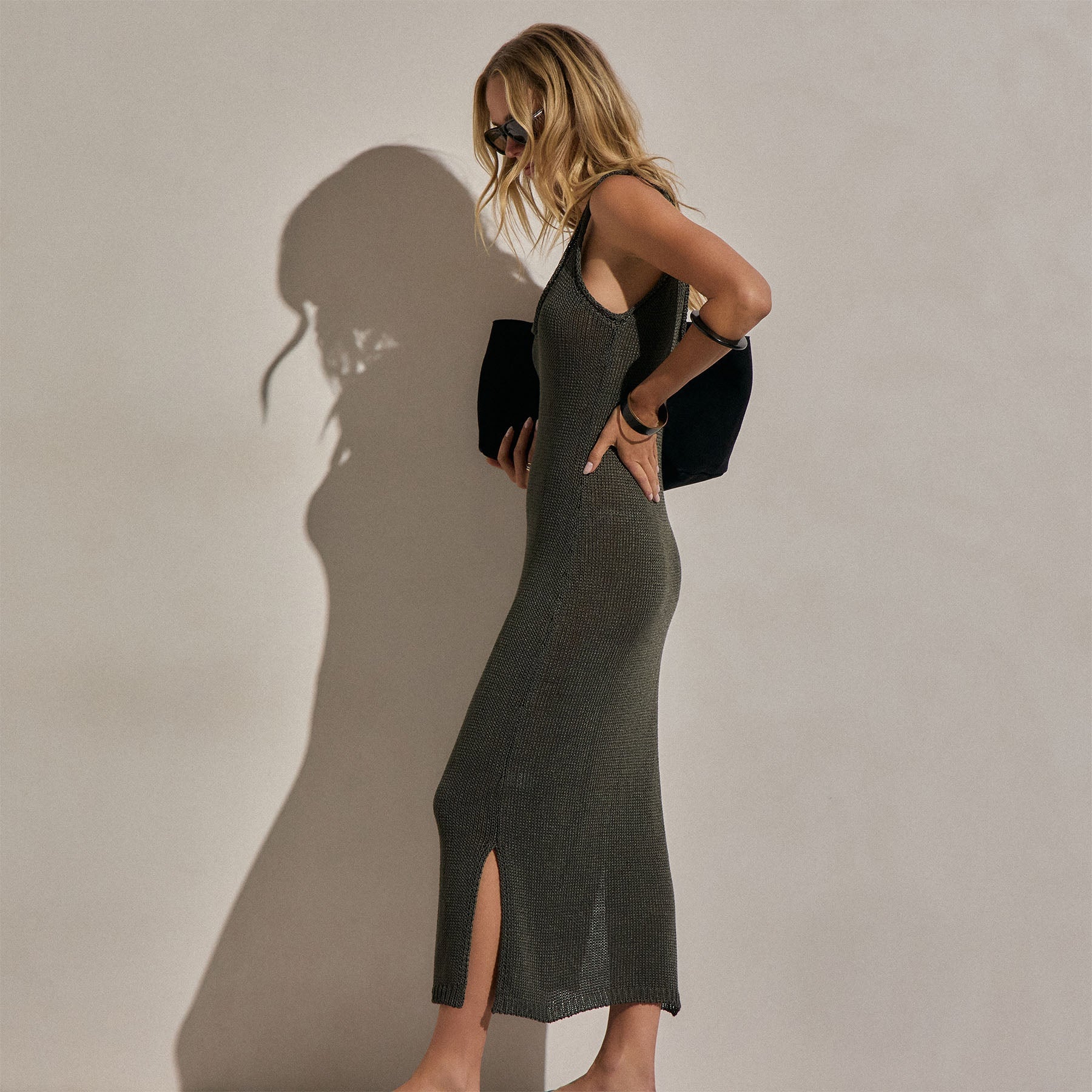 Linen Blend Sweater Tank Dress - Dark Moss