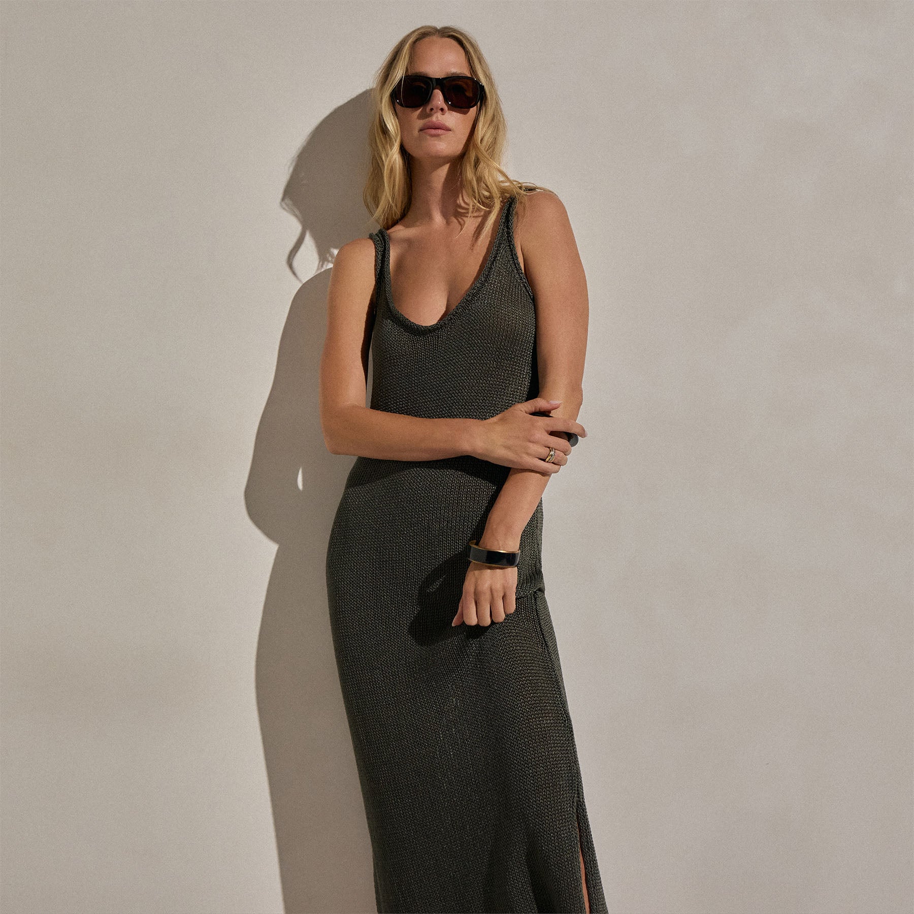 Linen Blend Sweater Tank Dress - Dark Moss
