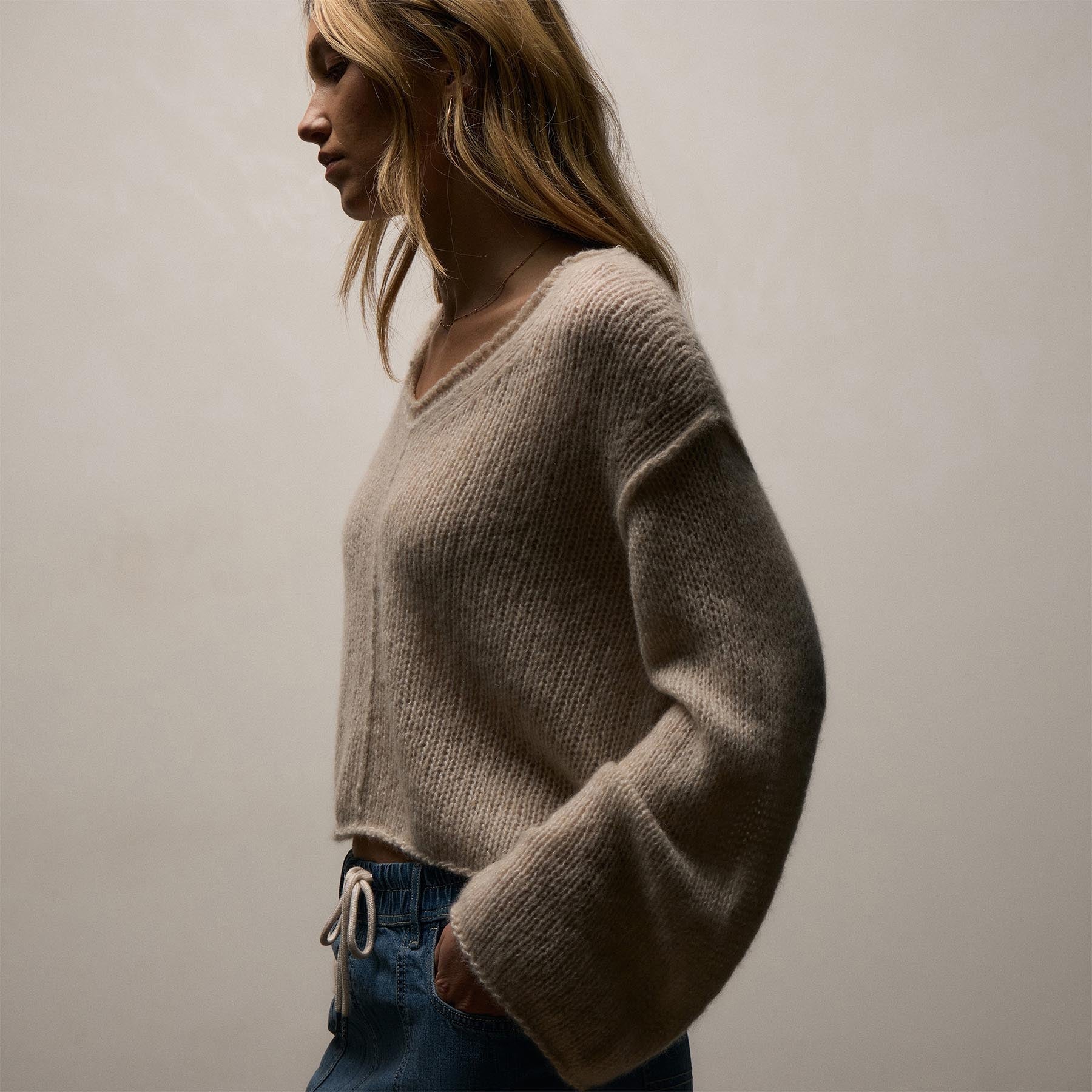 Marled Cashmere Silk V Neck Sweater - Alabaster Mix