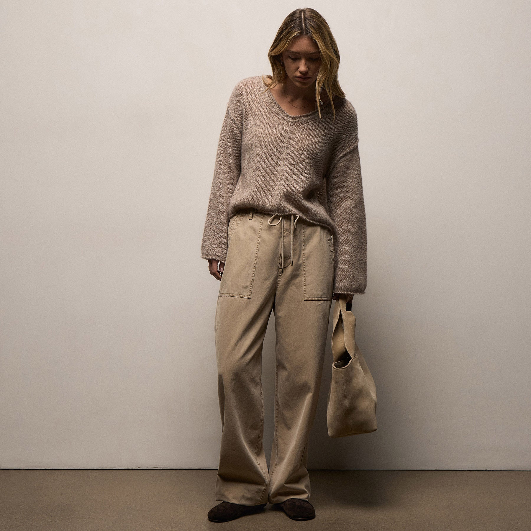 Marled Cashmere Silk V Neck Sweater - Grout Mix