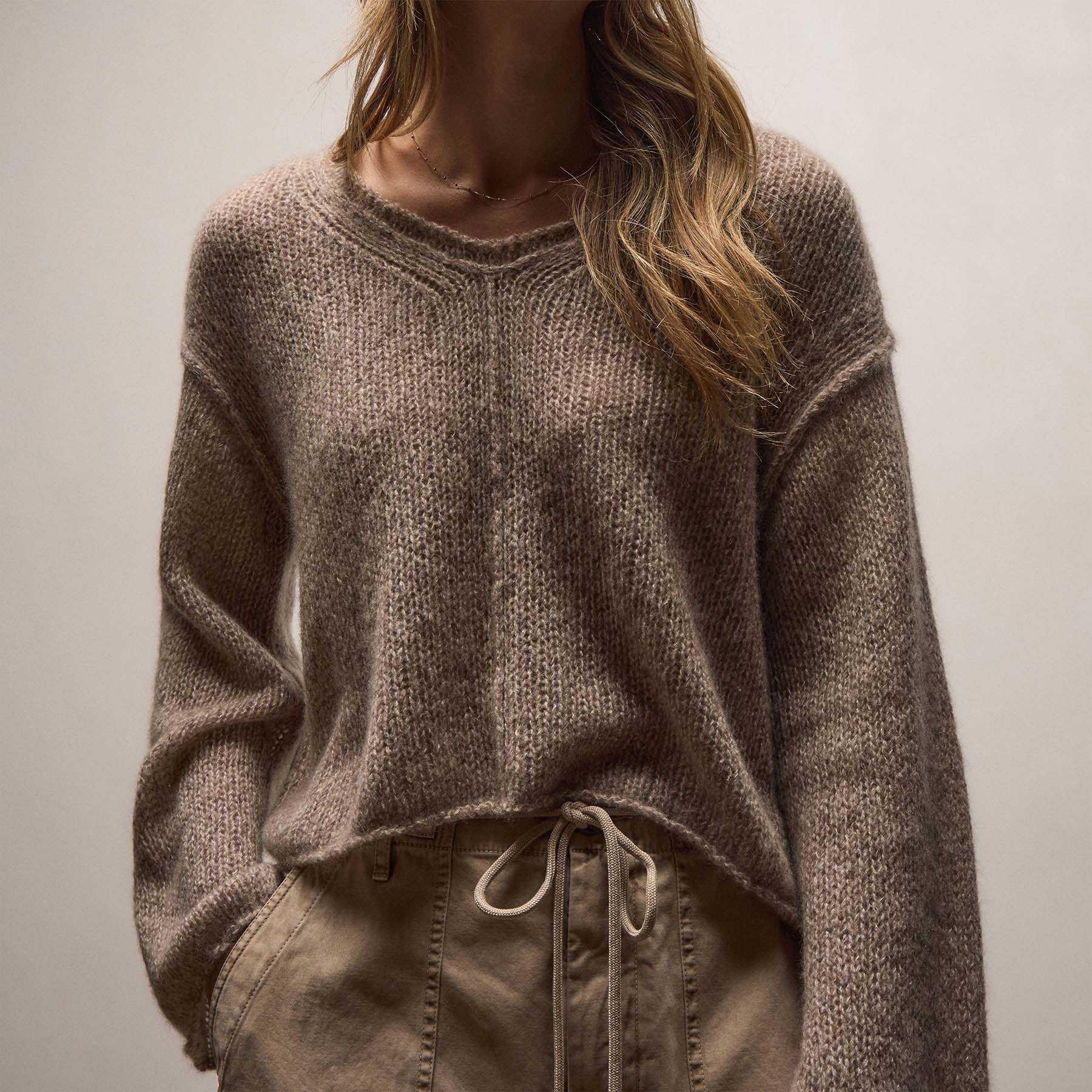 Marled Cashmere Silk V Neck Sweater - Grout Mix
