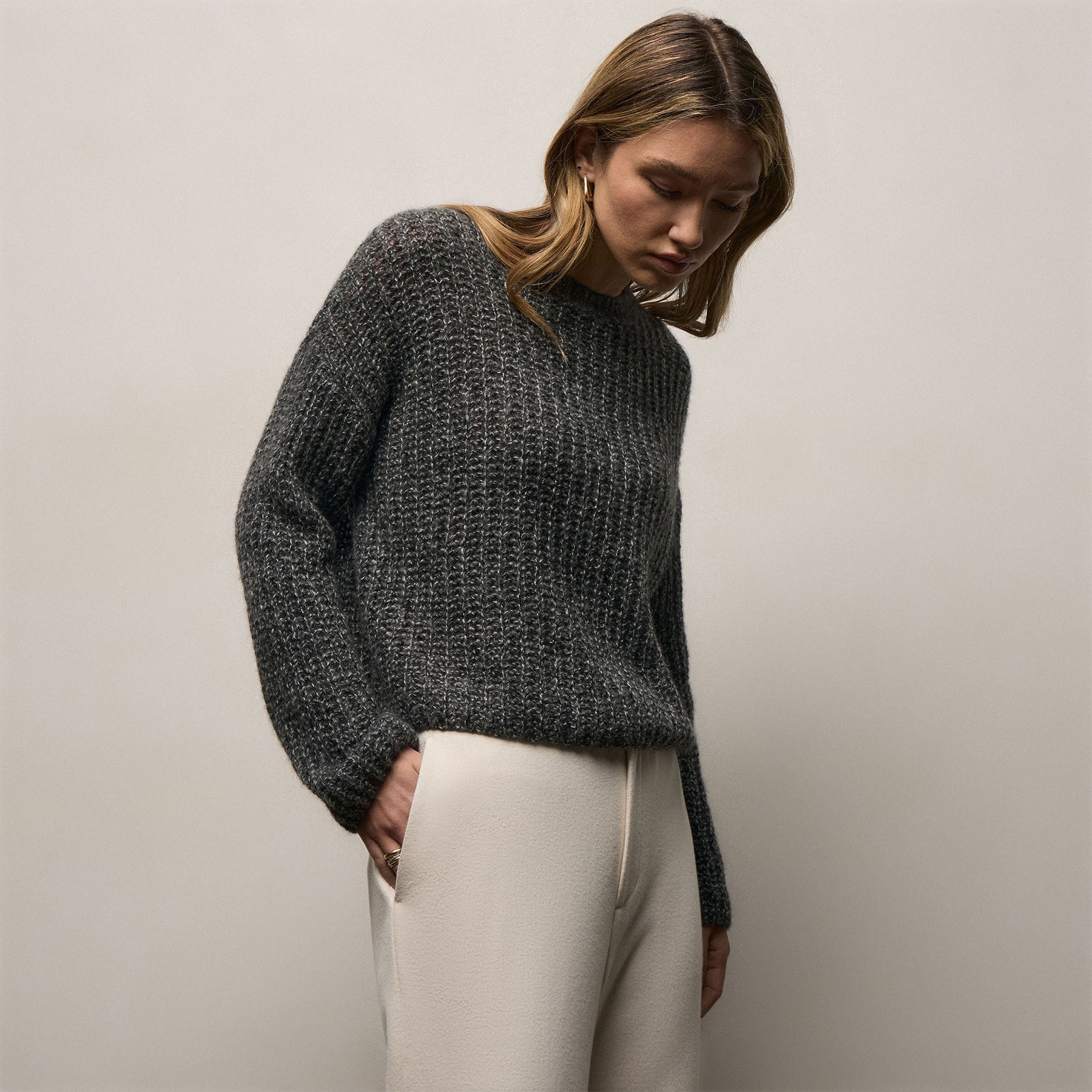 Marled Cashmere Silk Crew Sweater - Black Mix