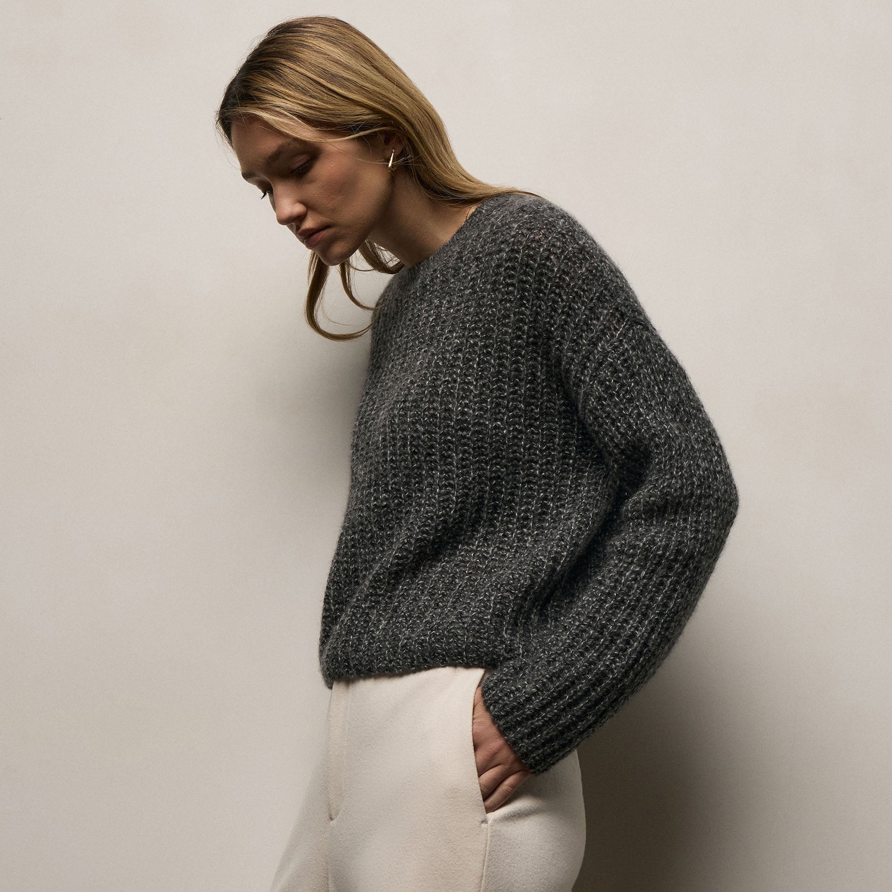 Marled Cashmere Silk Crew Sweater - Black Mix