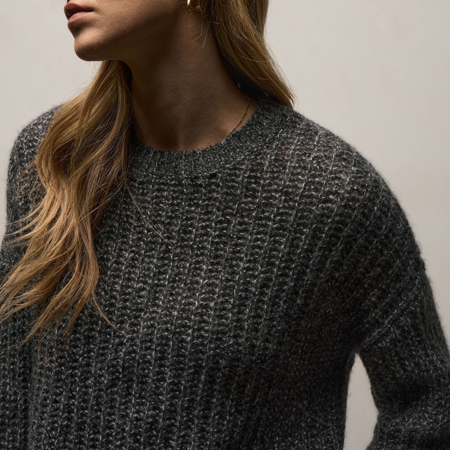 Marled Cashmere Silk Crew Sweater - Black Mix
