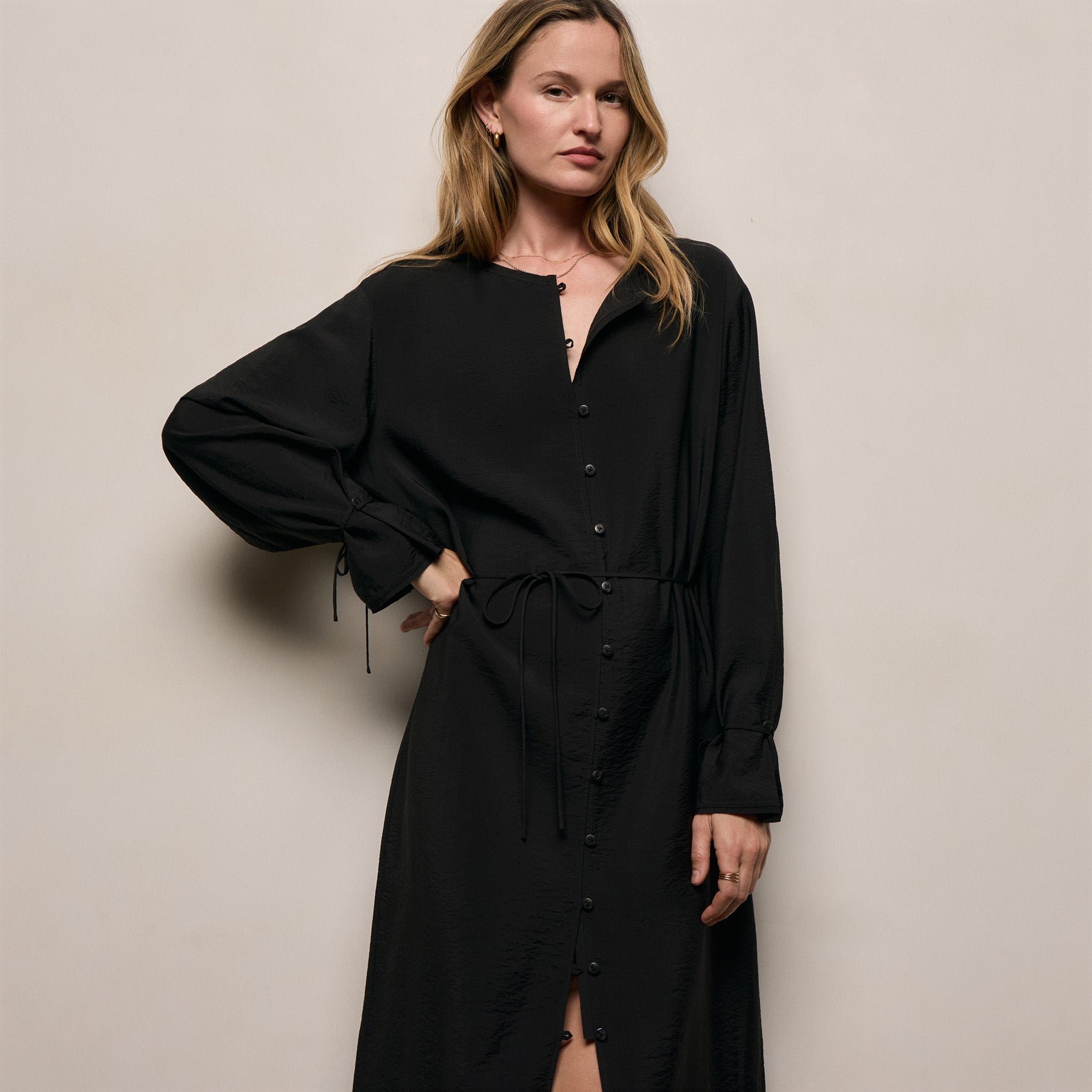 Modal Silk Blend Tie Up Dress - Black