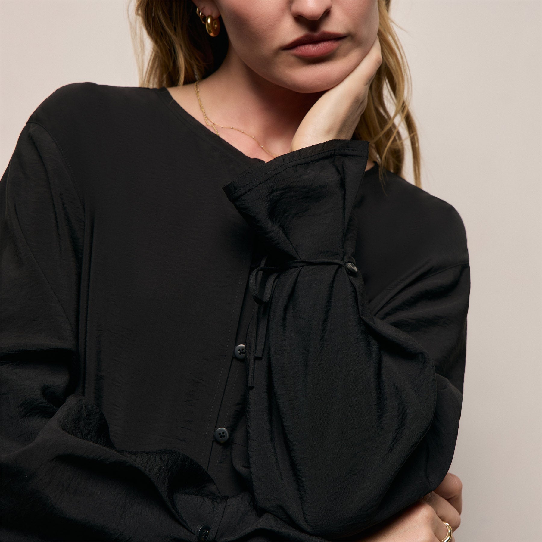 Modal Silk Blend Tie Up Dress - Black
