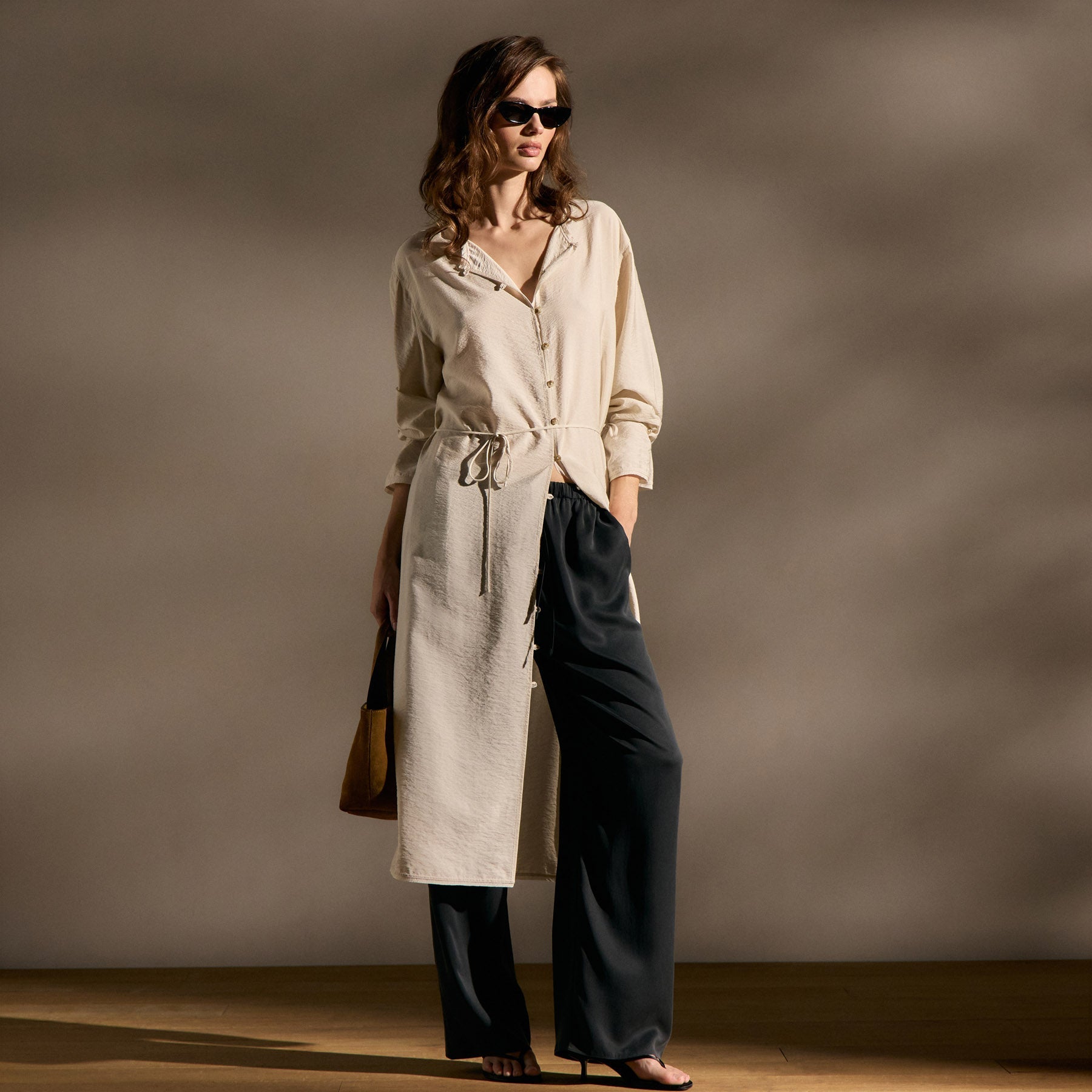 Modal Silk Blend Tie Up Dress - Parchment