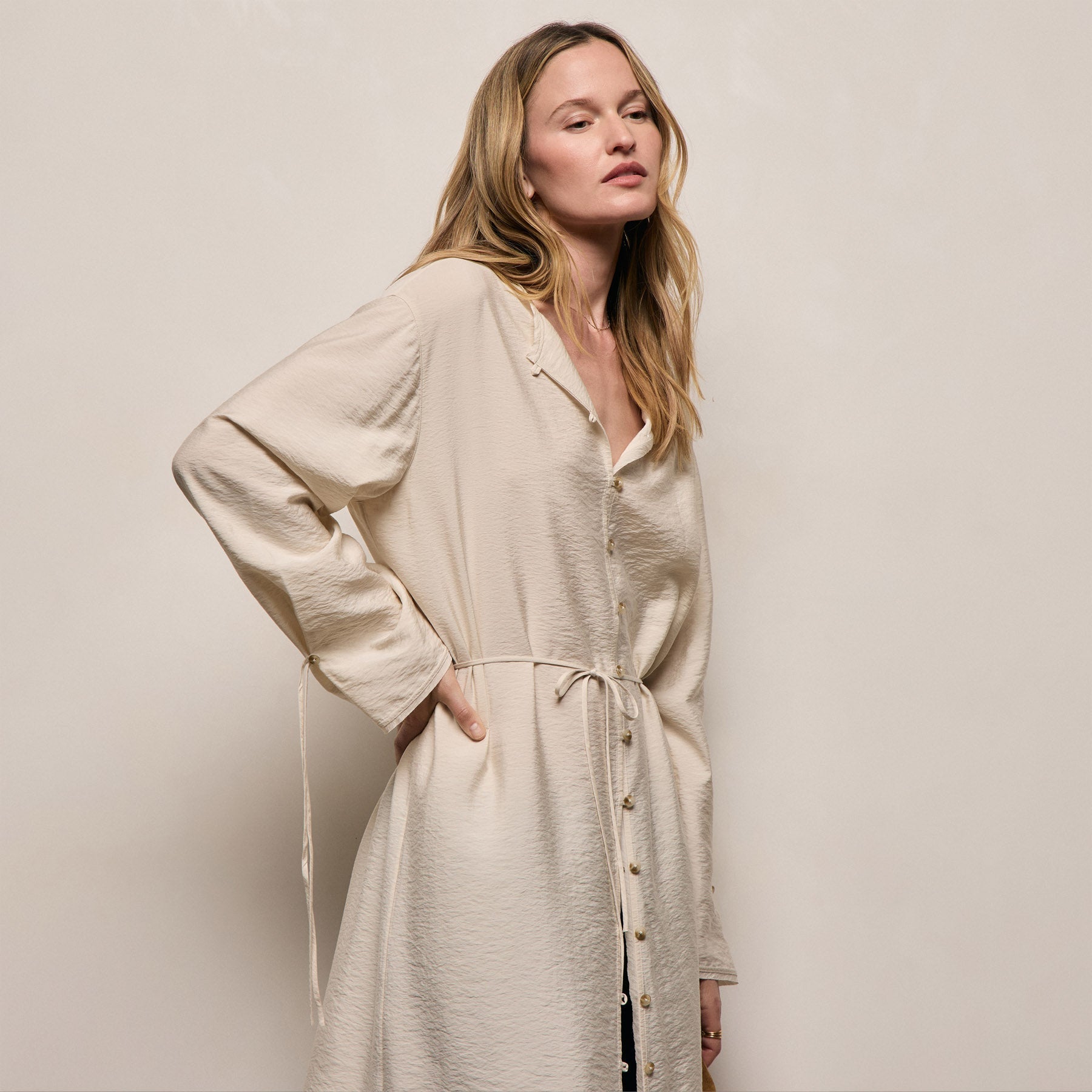 Modal Silk Blend Tie Up Dress - Parchment