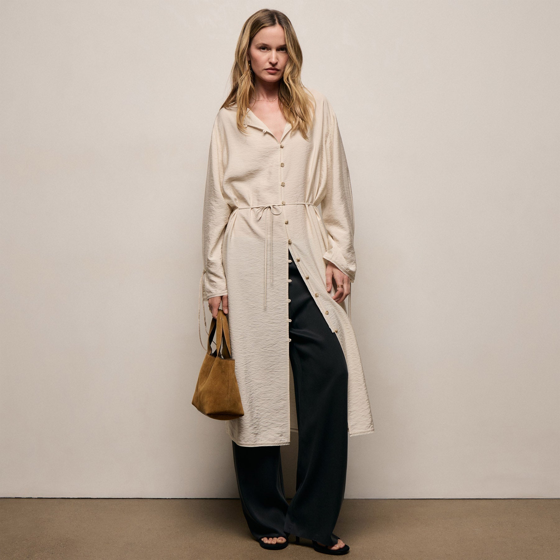 Modal Silk Blend Tie Up Dress - Parchment