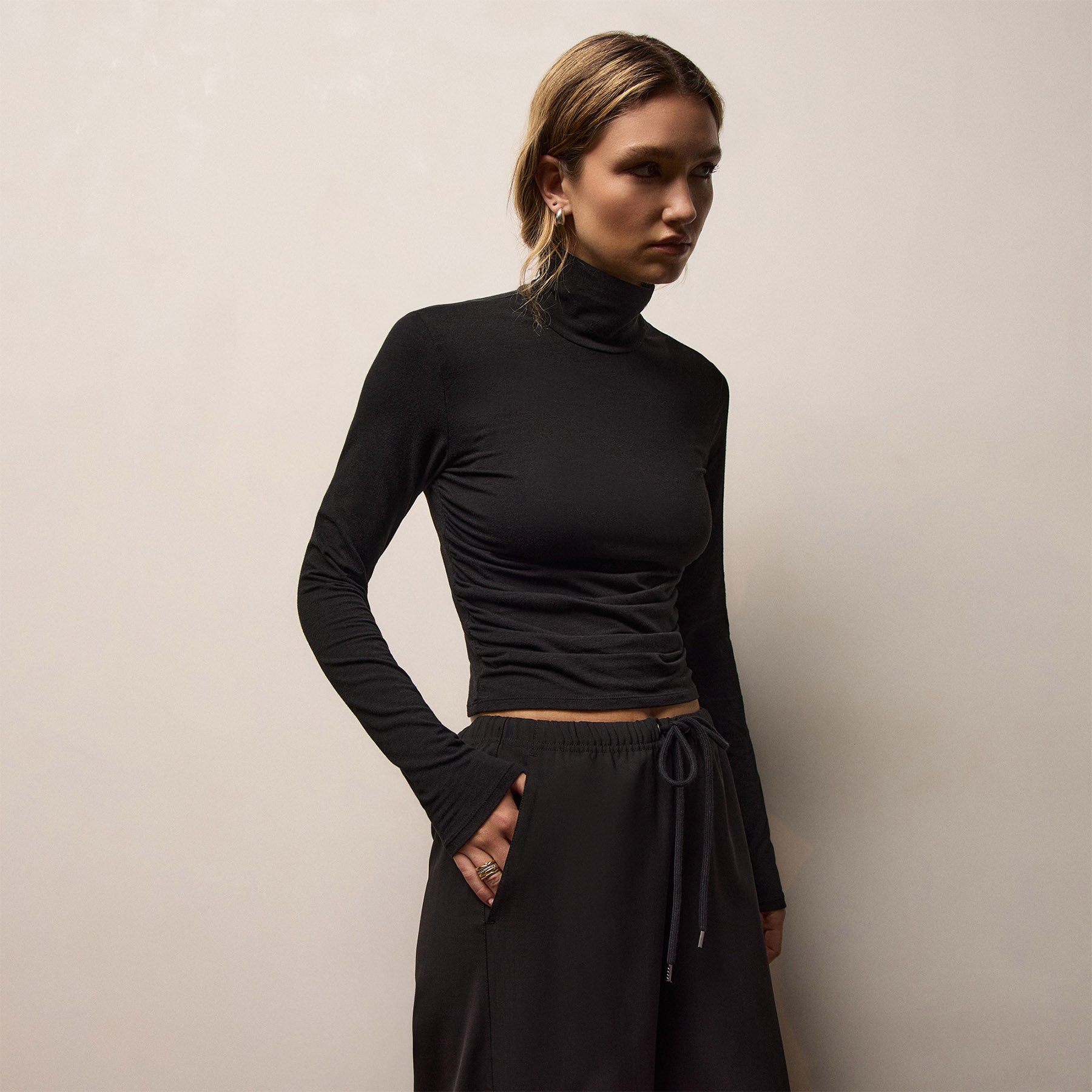 Melange Jersey Turtleneck - Black