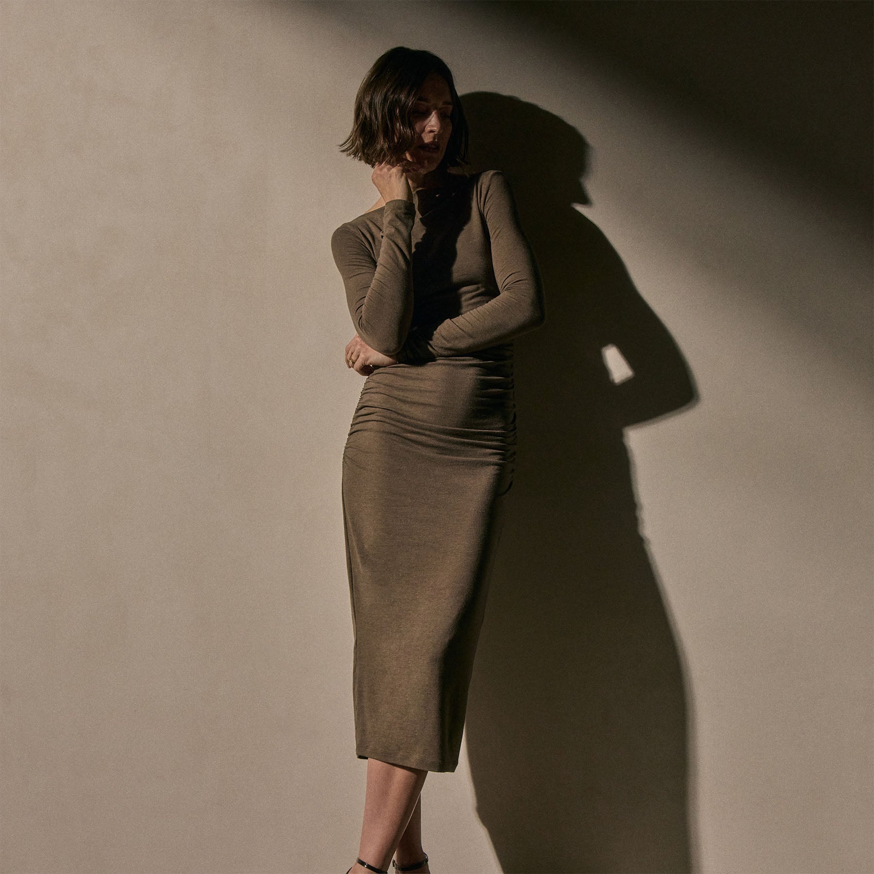 Ruched Long Sleeve Dress - Caribou