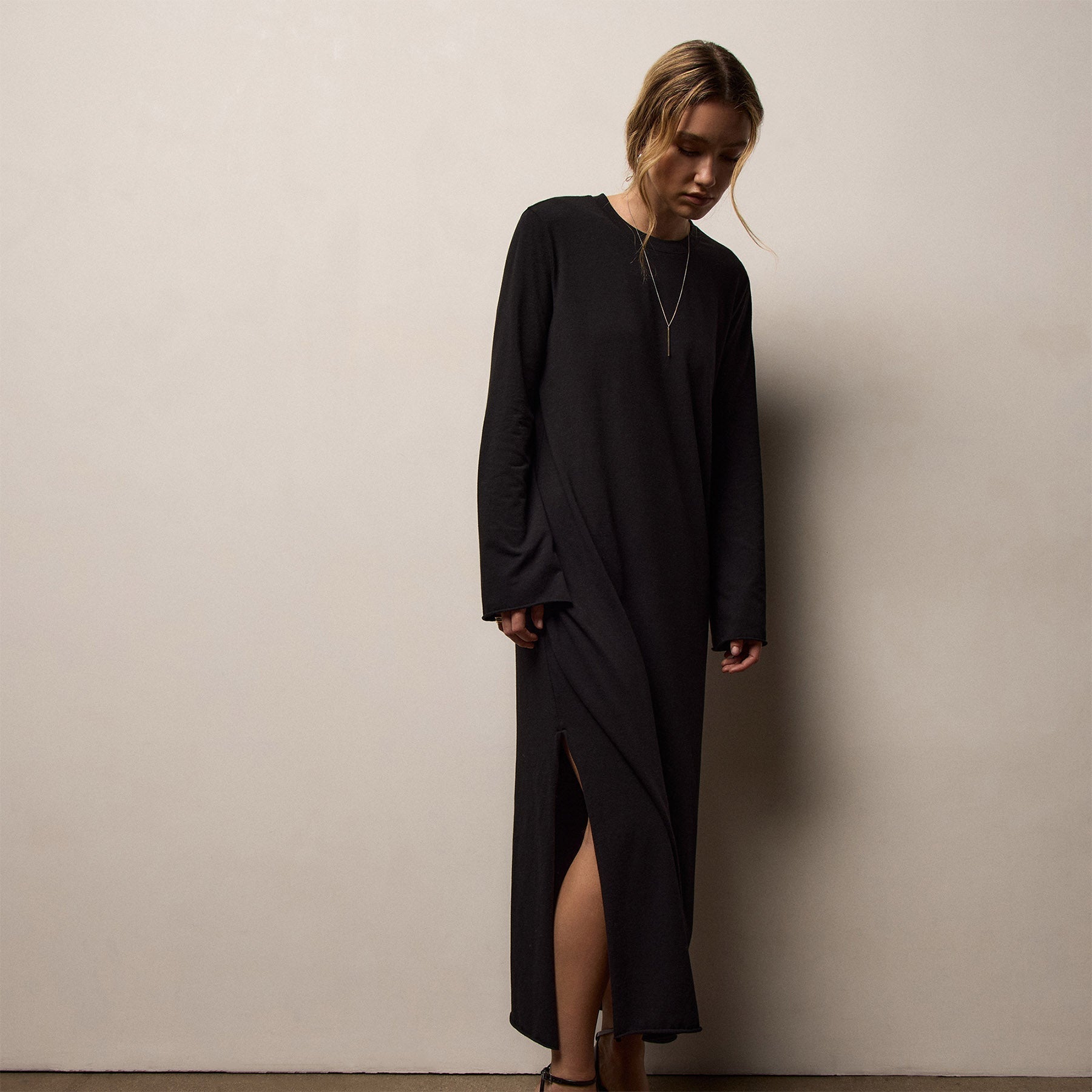 Melange Jersey Long Sleeve Dress - Black