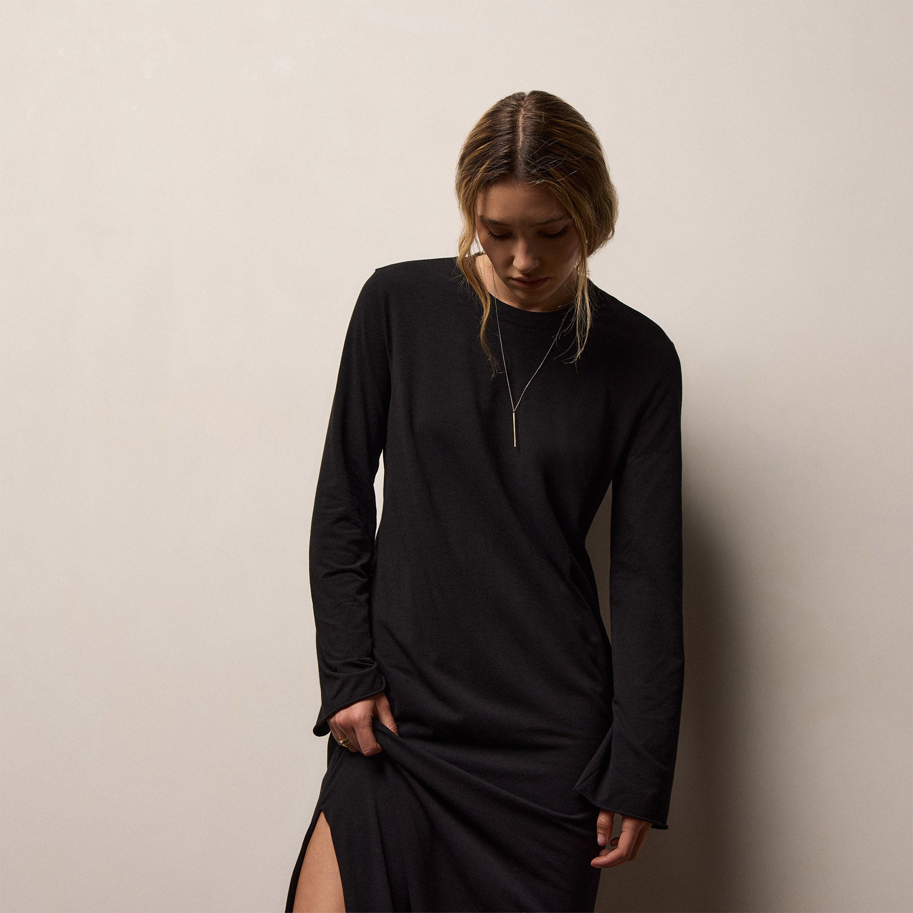 Melange Jersey Long Sleeve Dress - Black