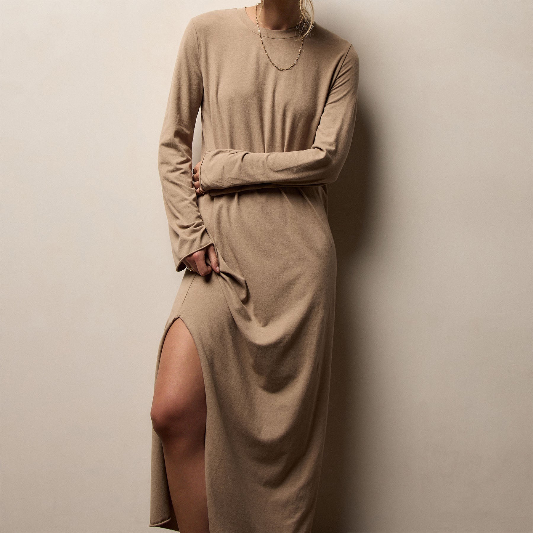 Melange Jersey Long Sleeve Dress - Coffee