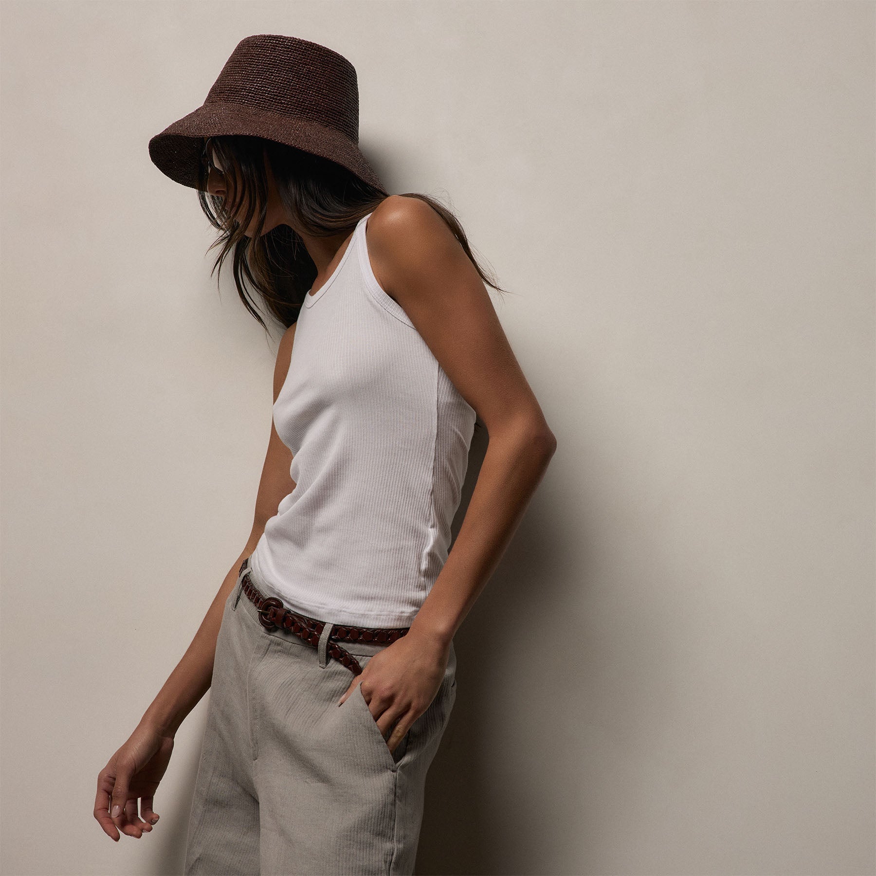 Ribbed High Neck Cami - White