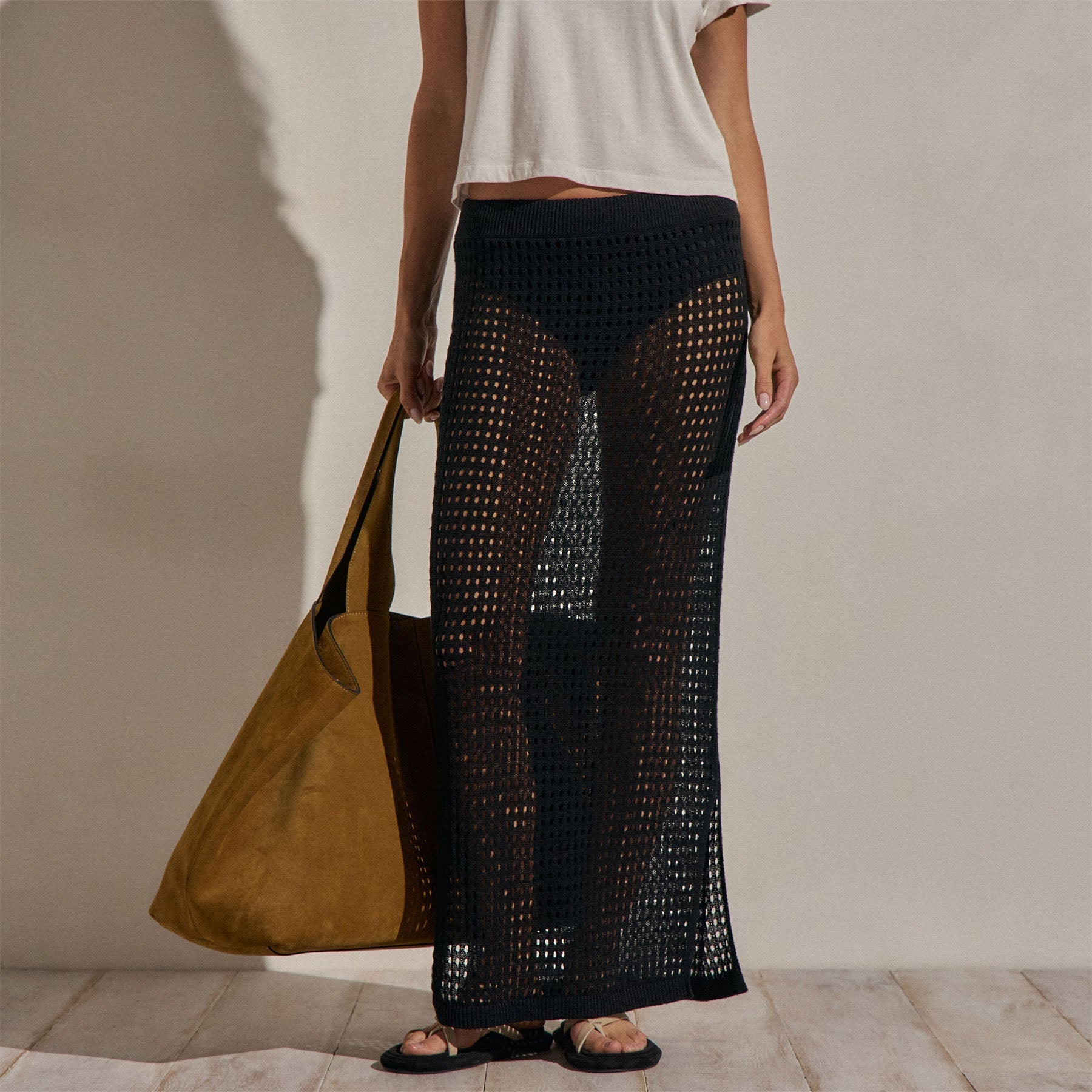 Linen Open Knit Midi Skirt - Black