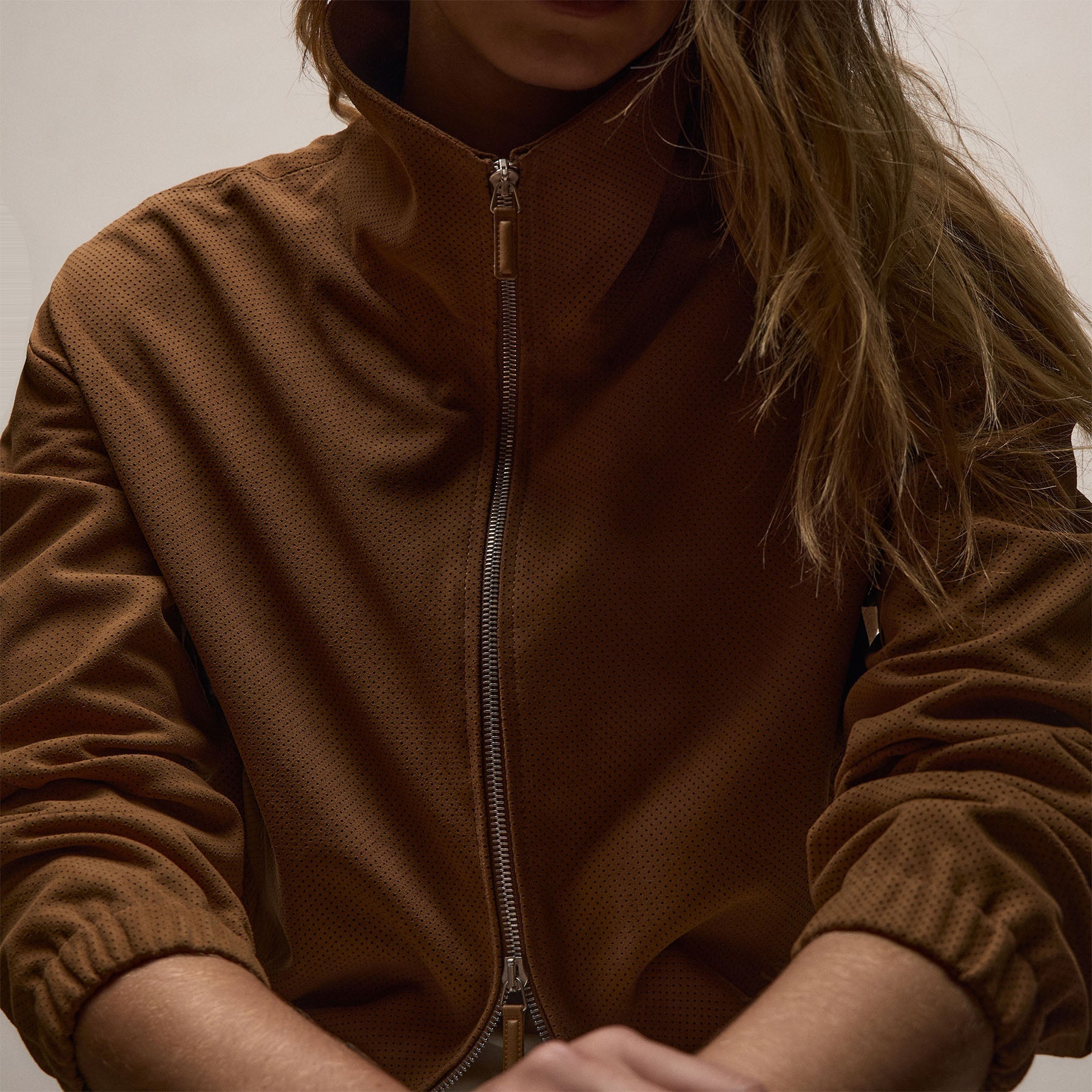 Perforated Suede Blouson Jacket - Gingerbread
