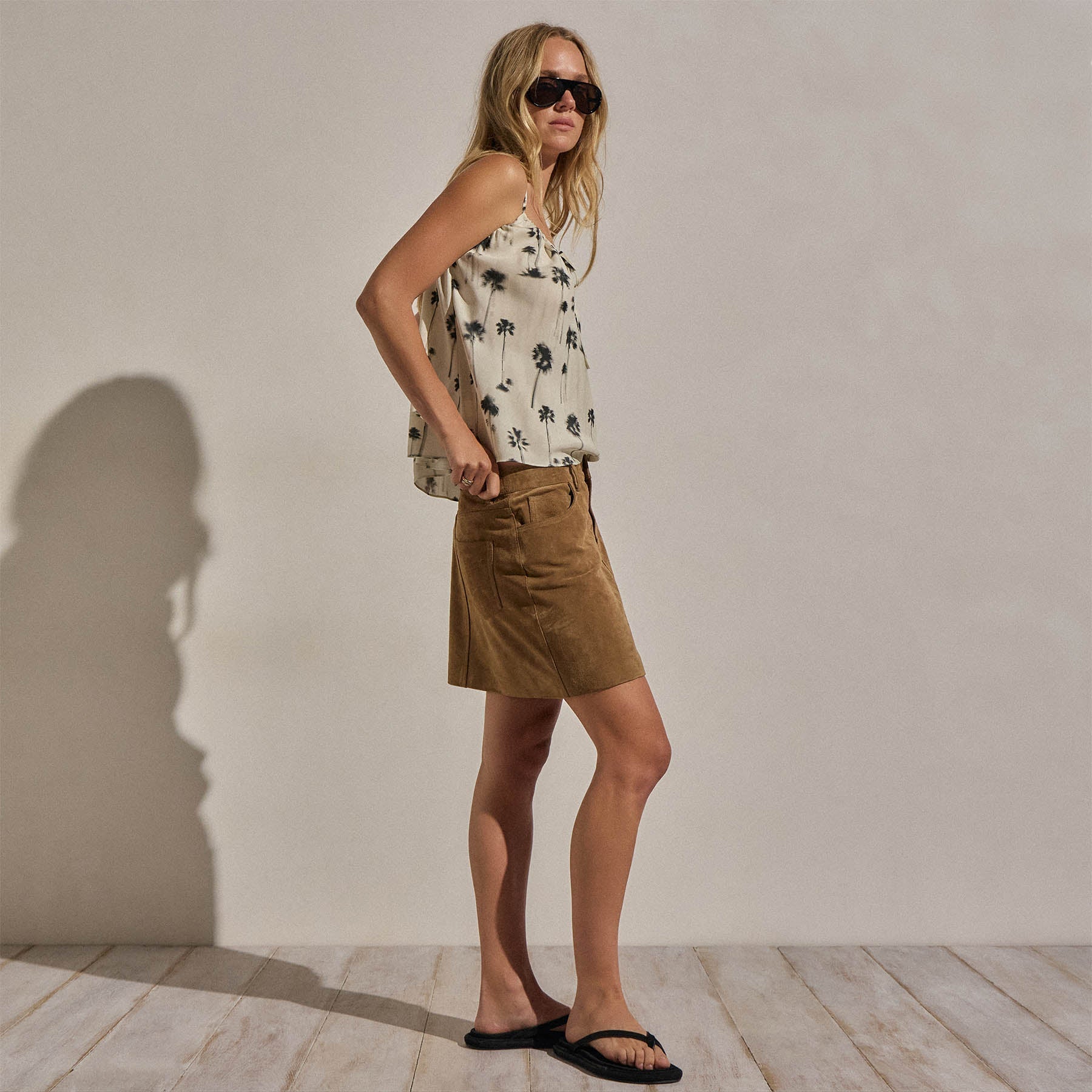 Printed Washed Silk Strappy Cami - Allover Palm Print